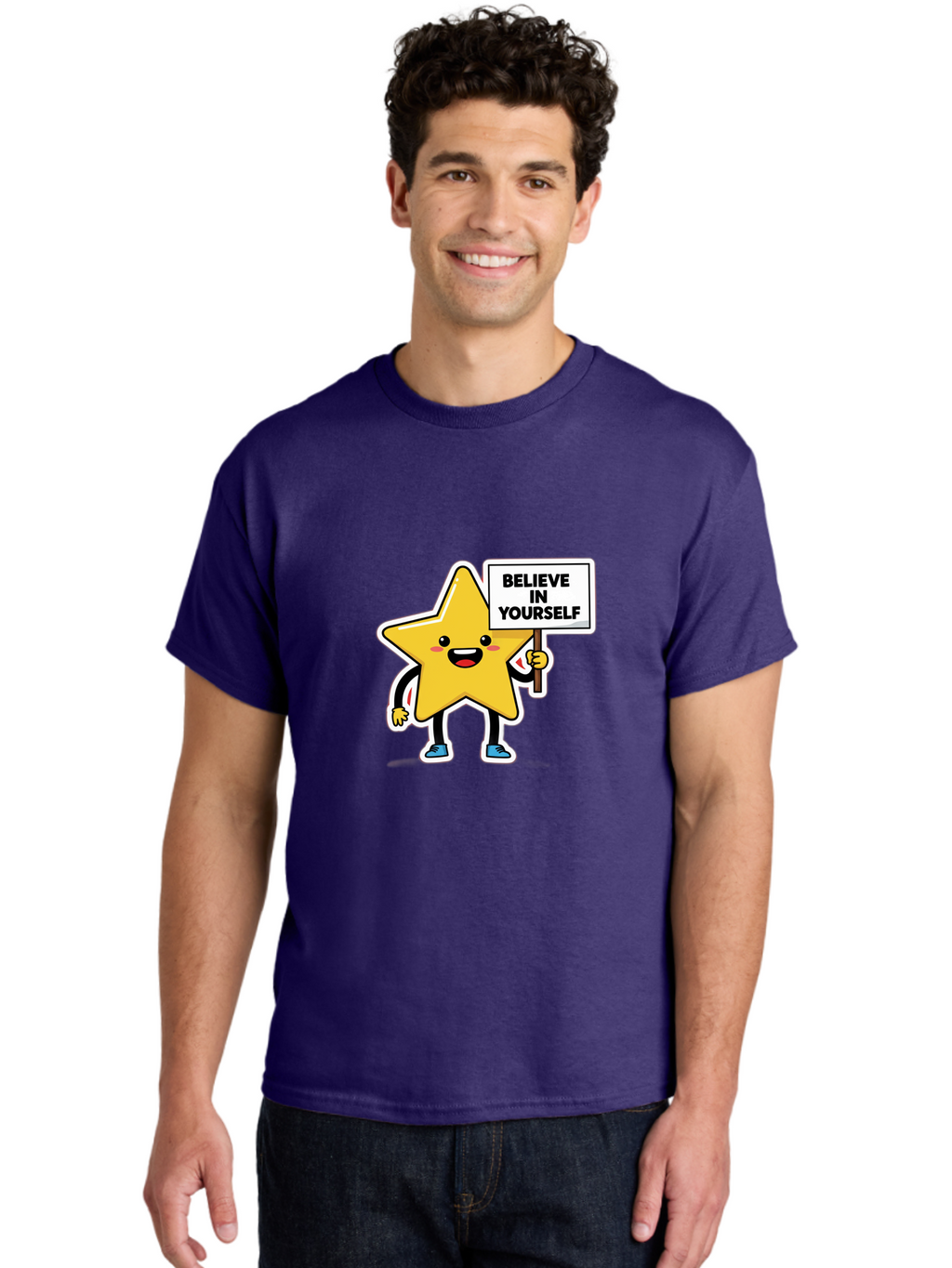 Believe-In-Yourself-2 Men'S Graphic Tee, 100% Cotton, Comfortable Casual Summer Wear, Machine Washable, Motivational Star, Positive Affirmation, Inspiring Cartoon Character, Confidence Booster, Self-Empowerment Message, Yellow Star Character, Bae128