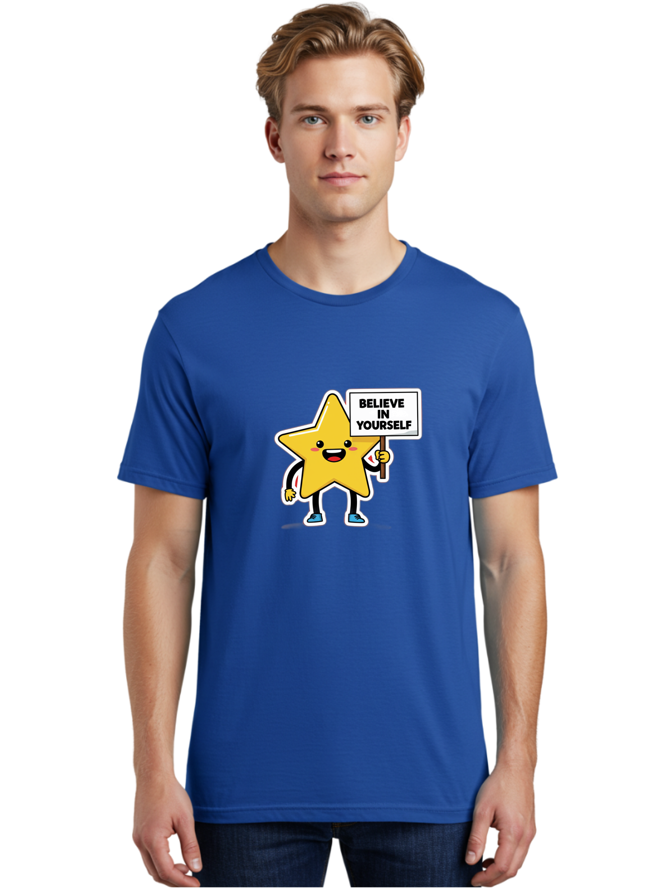 Believe-In-Yourself-2 Men'S Graphic Tee, 100% Cotton, Comfortable Casual Summer Wear, Machine Washable, Motivational Star, Positive Affirmation, Inspiring Cartoon Character, Confidence Booster, Self-Empowerment Message, Yellow Star Character, Bae128