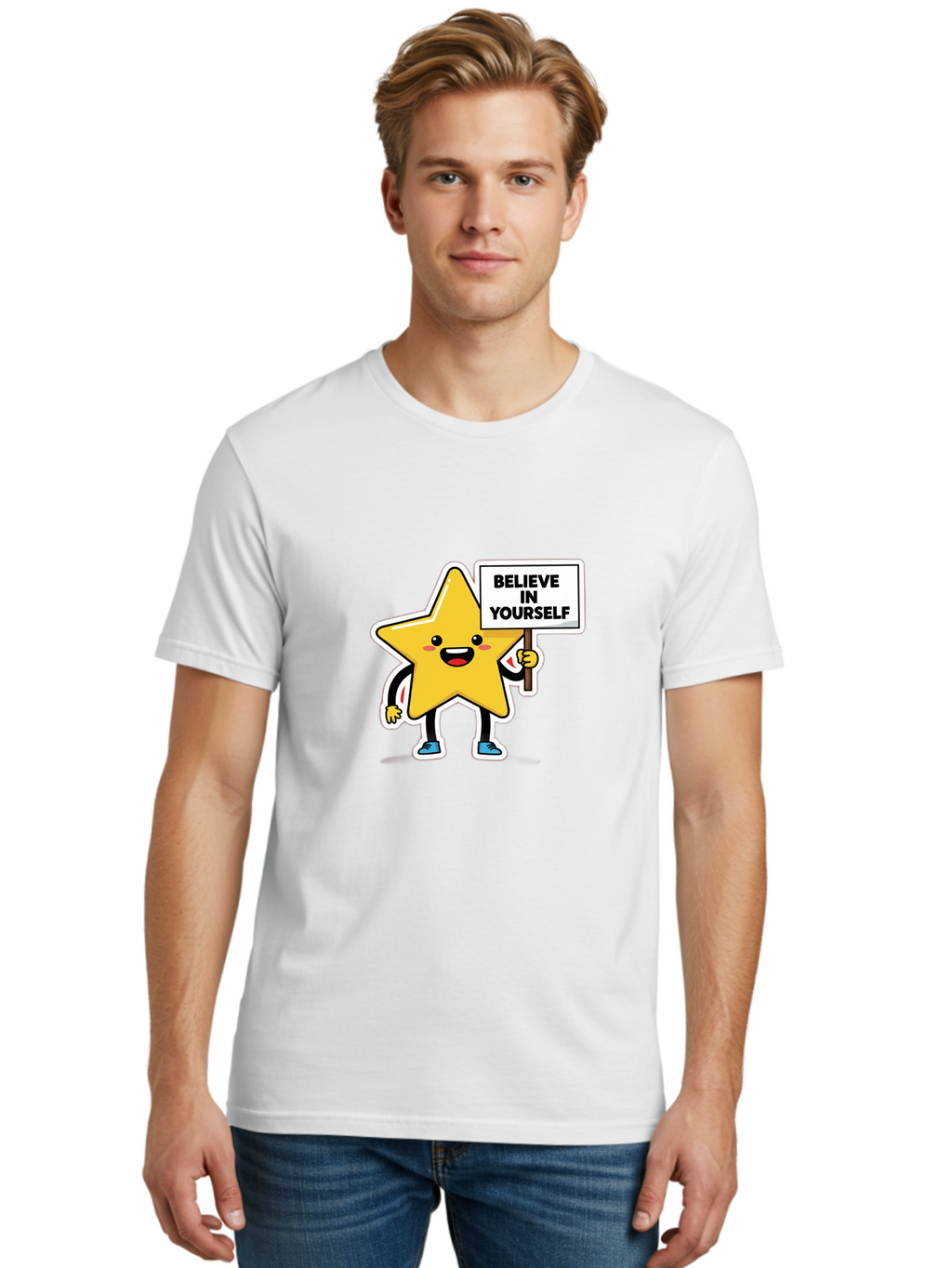 Believe-In-Yourself-2 Men'S Graphic Tee, 100% Cotton, Comfortable Casual Summer Wear, Machine Washable, Motivational Star, Positive Affirmation, Inspiring Cartoon Character, Confidence Booster, Self-Empowerment Message, Yellow Star Character, Bae128