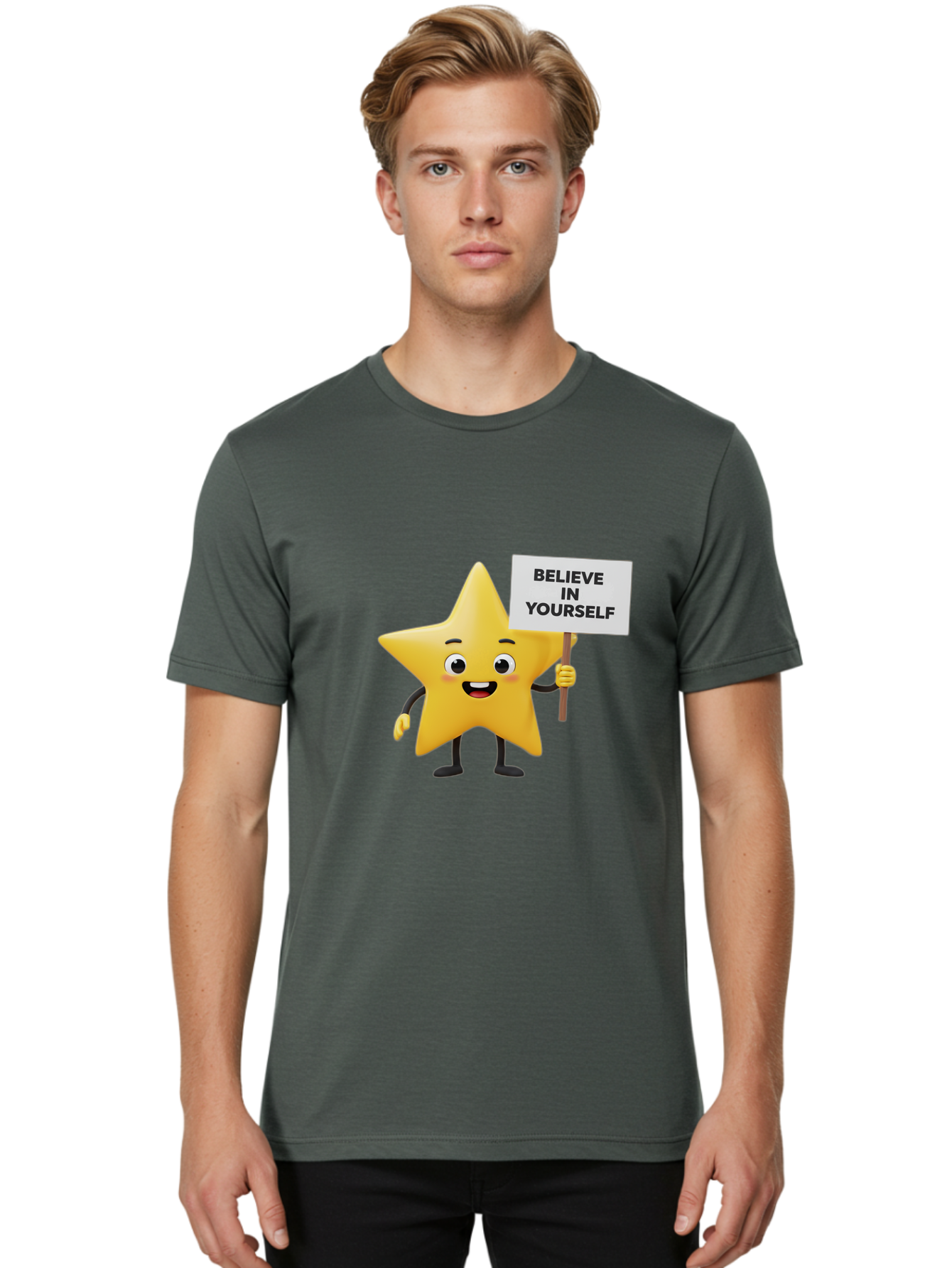 Believe-In-Yourself-3 Men'S Graphic Tee, 100% Cotton, Comfortable Casual Summer Wear, Machine Washable, Motivational Star Character, Believe In Yourself Sign, Positivity, Encouragement, Confidence Booster, Inspirational Quote, Bae129