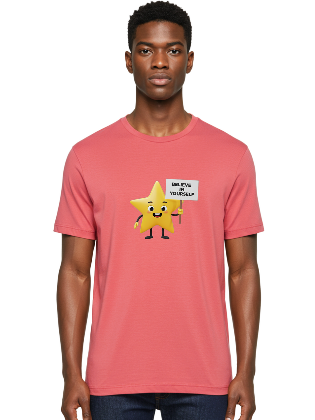 Believe-In-Yourself-3 Men'S Graphic Tee, 100% Cotton, Comfortable Casual Summer Wear, Machine Washable, Motivational Star Character, Believe In Yourself Sign, Positivity, Encouragement, Confidence Booster, Inspirational Quote, Bae129