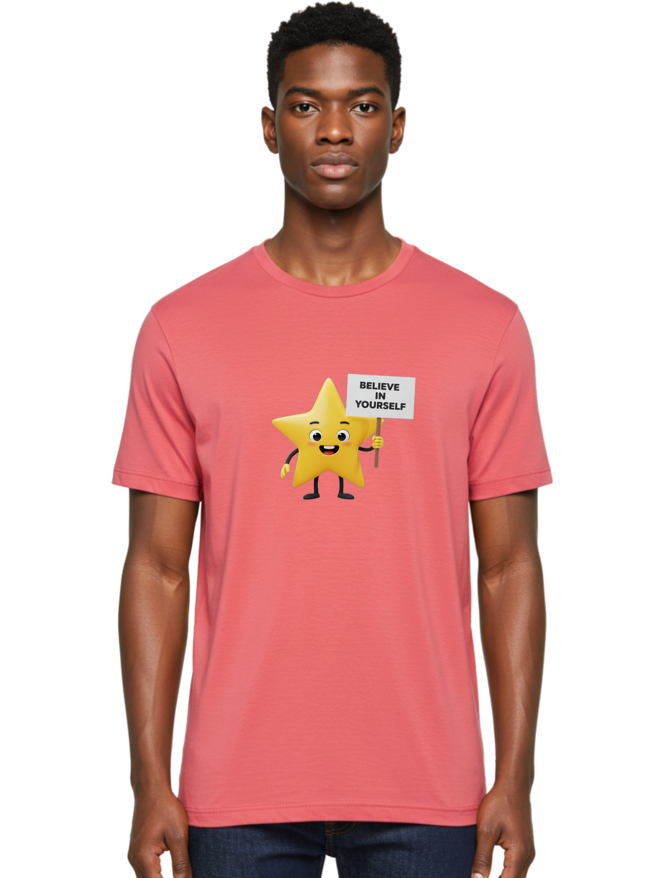 Believe-In-Yourself-3 Men'S Graphic Tee, 100% Cotton, Comfortable Casual Summer Wear, Machine Washable, Motivational Star Character, Believe In Yourself Sign, Positivity, Encouragement, Confidence Booster, Inspirational Quote, Bae129