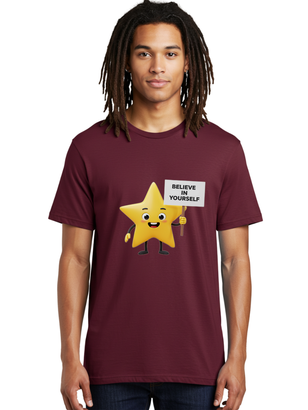 Believe-In-Yourself-3 Men'S Graphic Tee, 100% Cotton, Comfortable Casual Summer Wear, Machine Washable, Motivational Star Character, Believe In Yourself Sign, Positivity, Encouragement, Confidence Booster, Inspirational Quote, Bae129