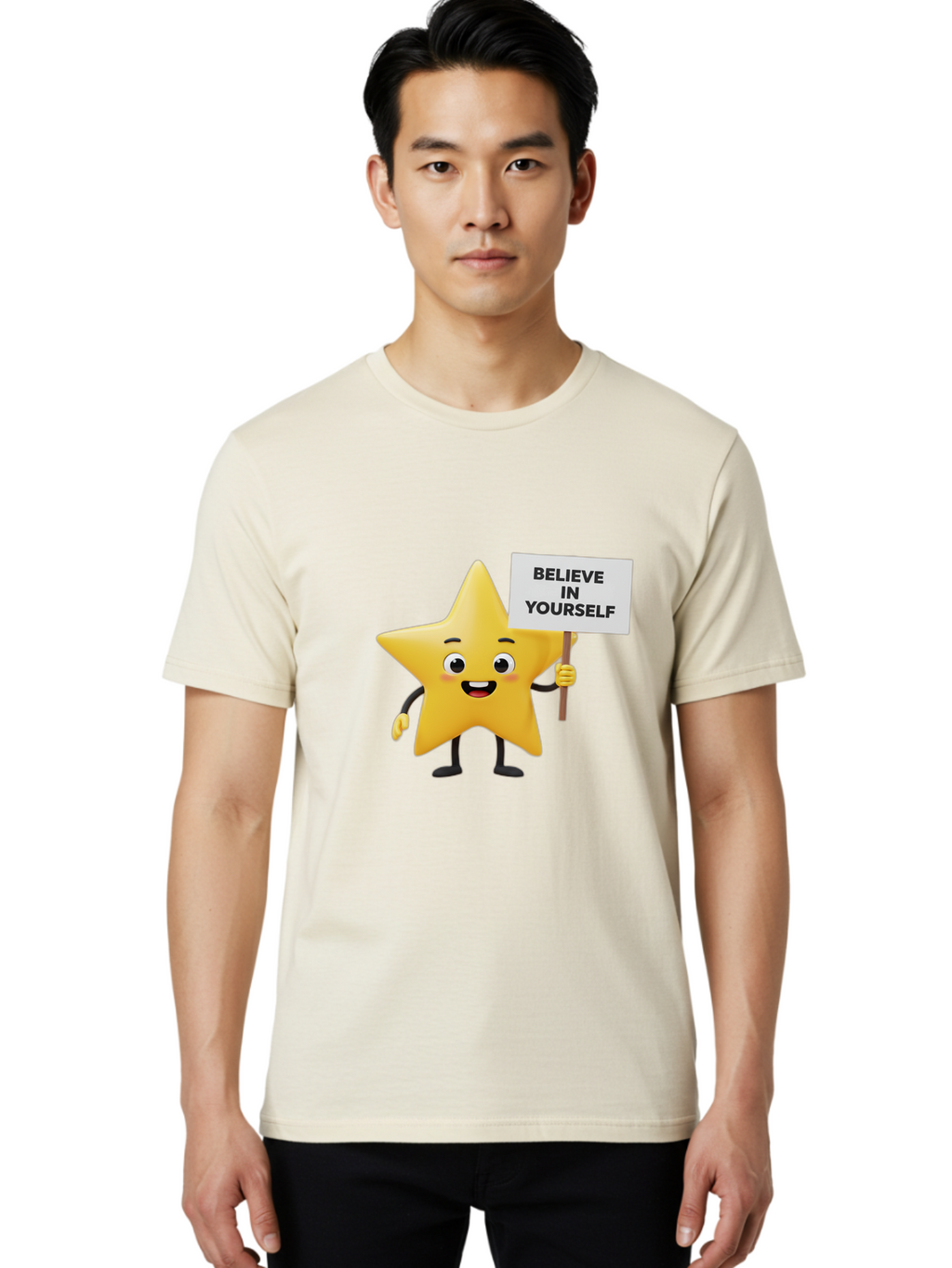 Believe-In-Yourself-3 Men'S Graphic Tee, 100% Cotton, Comfortable Casual Summer Wear, Machine Washable, Motivational Star Character, Believe In Yourself Sign, Positivity, Encouragement, Confidence Booster, Inspirational Quote, Bae129