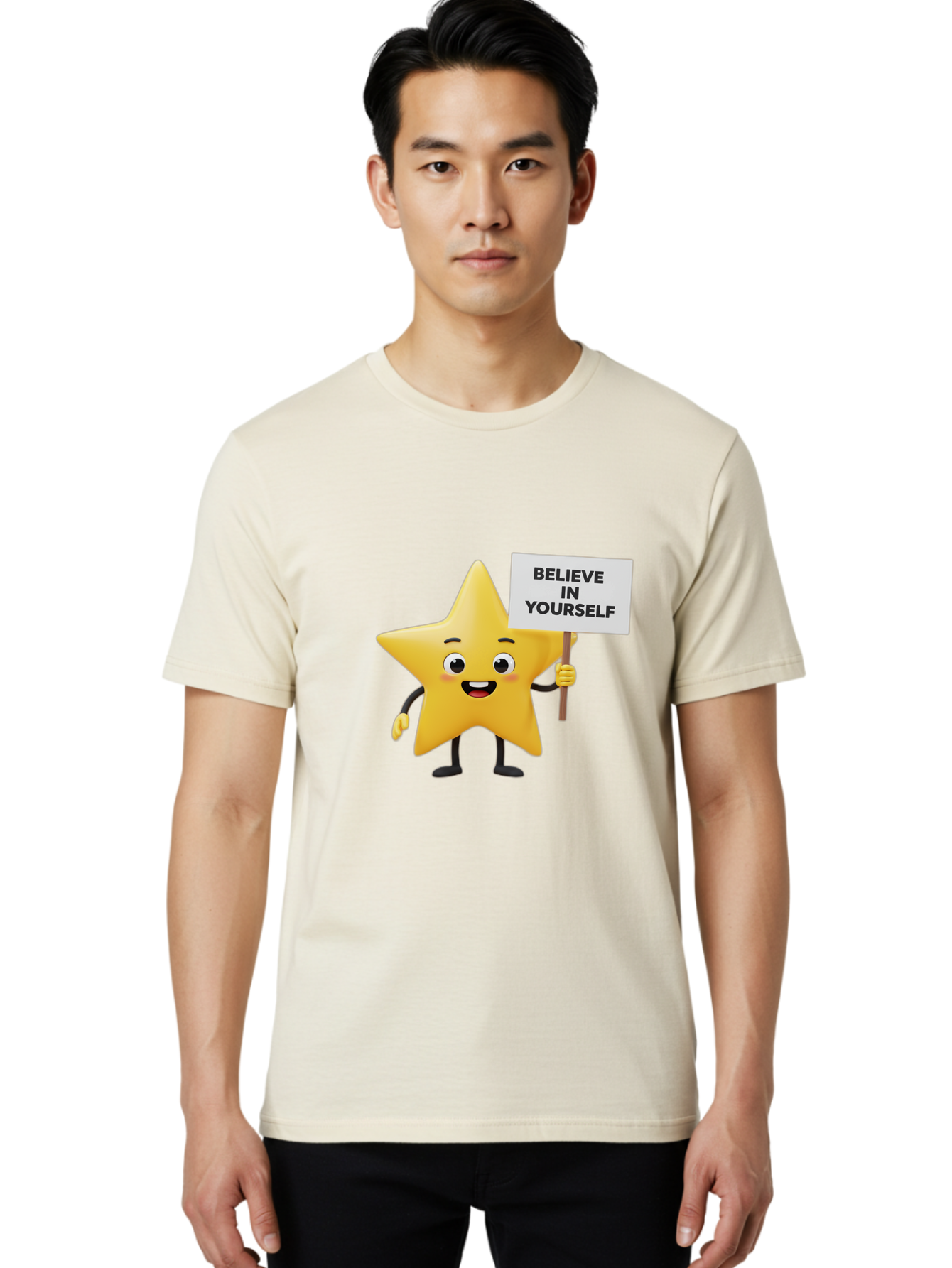 Believe-In-Yourself-3 Men'S Graphic Tee, 100% Cotton, Comfortable Casual Summer Wear, Machine Washable, Motivational Star Character, Believe In Yourself Sign, Positivity, Encouragement, Confidence Booster, Inspirational Quote, Bae129
