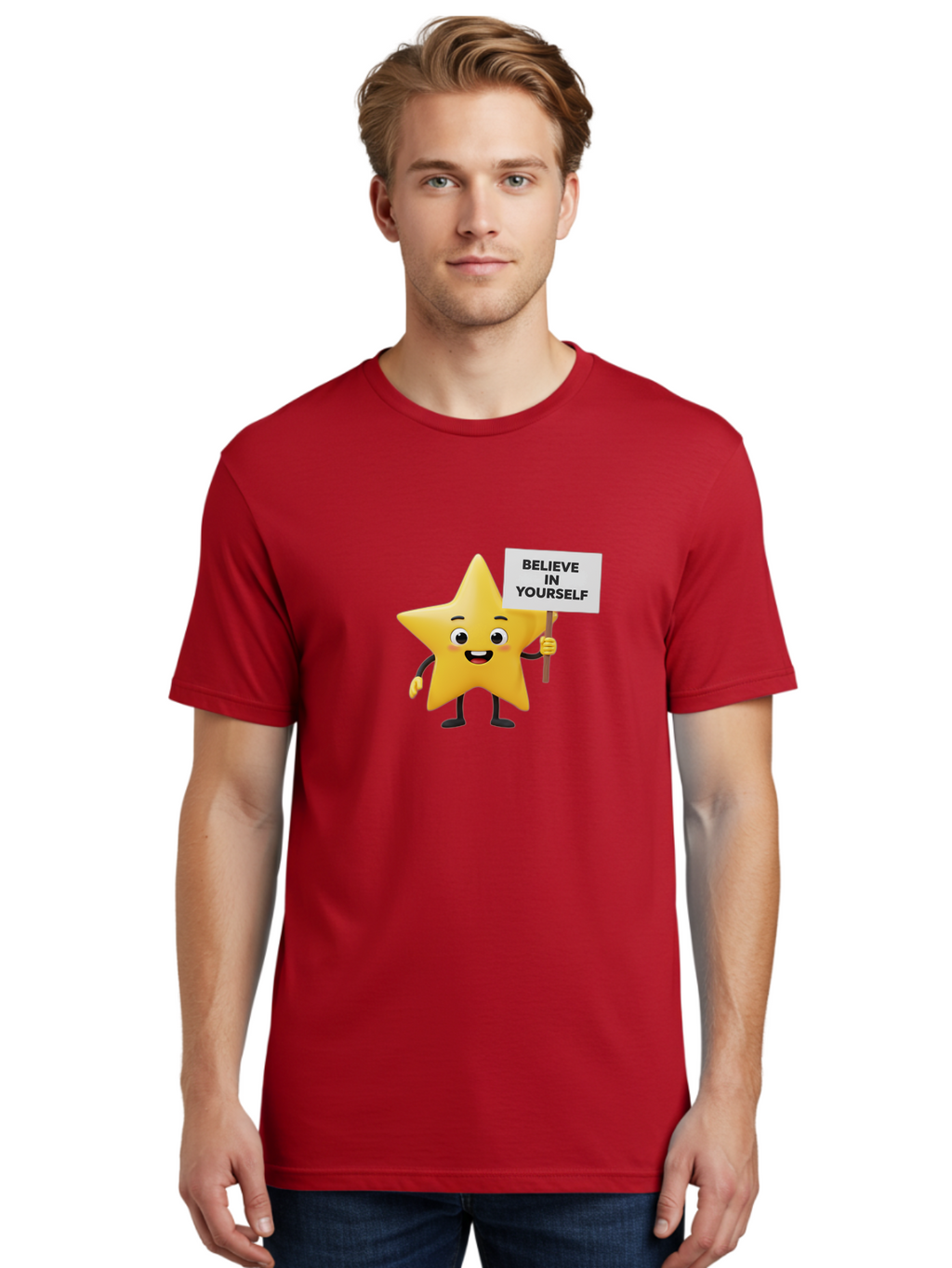 Believe-In-Yourself-3 Men'S Graphic Tee, 100% Cotton, Comfortable Casual Summer Wear, Machine Washable, Motivational Star Character, Believe In Yourself Sign, Positivity, Encouragement, Confidence Booster, Inspirational Quote, Bae129