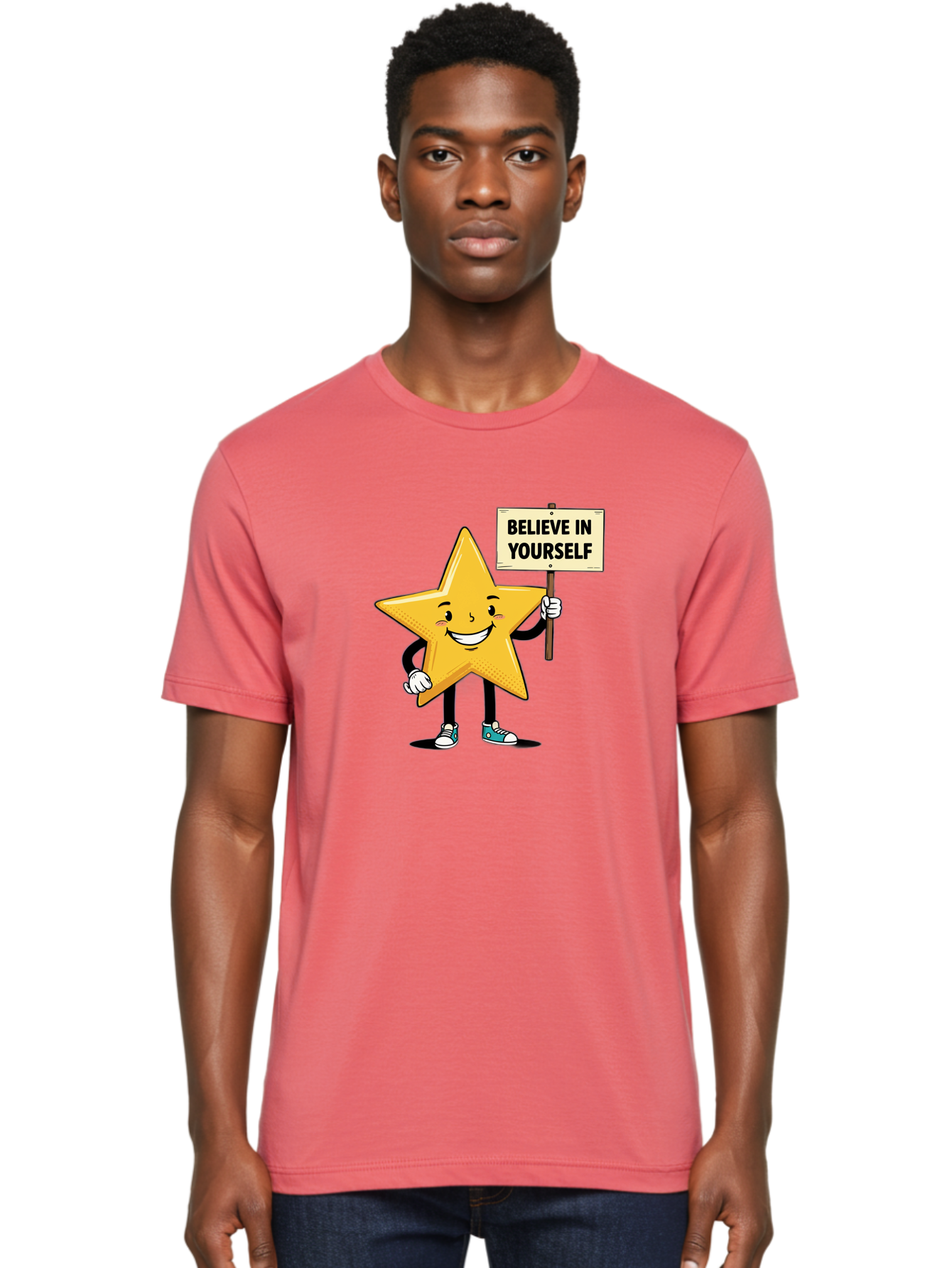 Believe-In-Yourself-4 Men'S Graphic Tee, 100% Cotton, Comfortable Casual Summer Wear, Machine Washable, Motivational Star Character, Inspirational Message, Self-Confidence Boost, Positivity, Encouragement, Smiling Star, Cartoon Character, Bae130