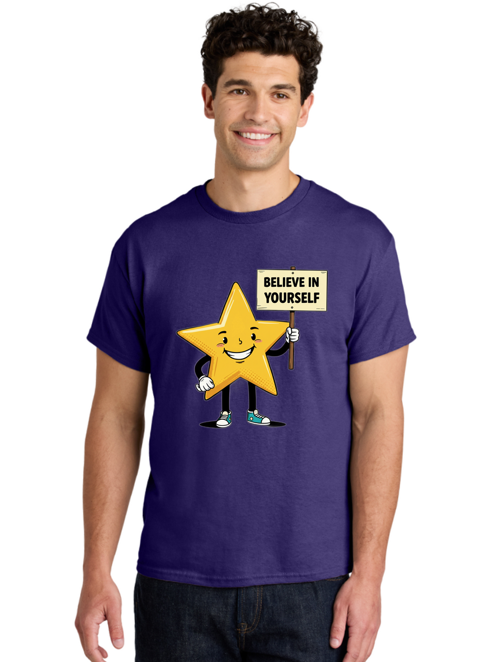 Believe-In-Yourself-4 Men'S Graphic Tee, 100% Cotton, Comfortable Casual Summer Wear, Machine Washable, Motivational Star Character, Inspirational Message, Self-Confidence Boost, Positivity, Encouragement, Smiling Star, Cartoon Character, Bae130