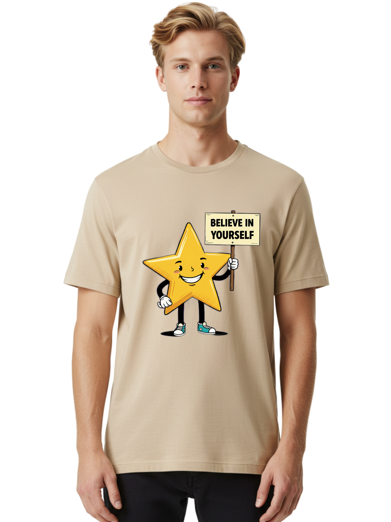 Believe-In-Yourself-4 Men'S Graphic Tee, 100% Cotton, Comfortable Casual Summer Wear, Machine Washable, Motivational Star Character, Inspirational Message, Self-Confidence Boost, Positivity, Encouragement, Smiling Star, Cartoon Character, Bae130