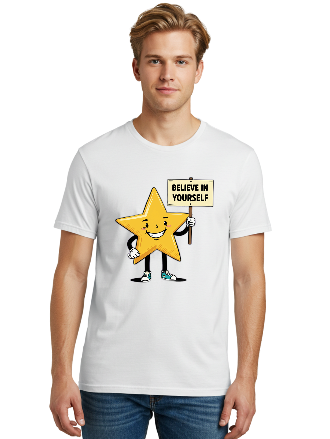 Believe-In-Yourself-4 Men'S Graphic Tee, 100% Cotton, Comfortable Casual Summer Wear, Machine Washable, Motivational Star Character, Inspirational Message, Self-Confidence Boost, Positivity, Encouragement, Smiling Star, Cartoon Character, Bae130