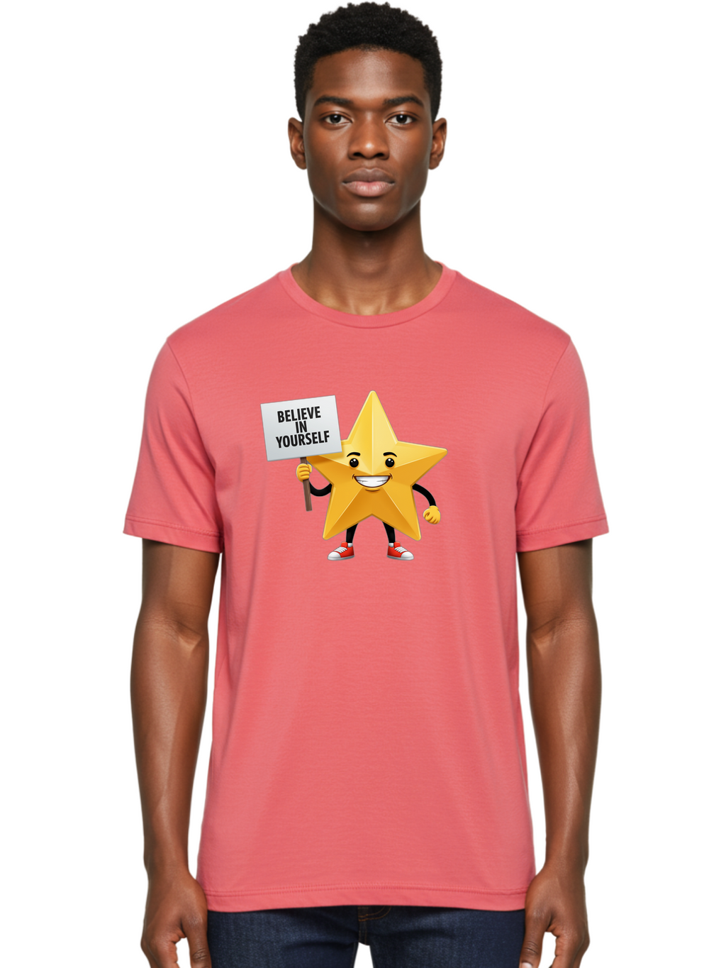 Believe-In-Yourself-6 Men'S Graphic Tee, 100% Cotton, Comfortable Casual Summer Wear, Machine Washable, Motivational Star, Inspirational Quote, Positive Message, Self-Confidence Booster, Cartoon Character, Yellow Star, Red Sneakers, Bae132