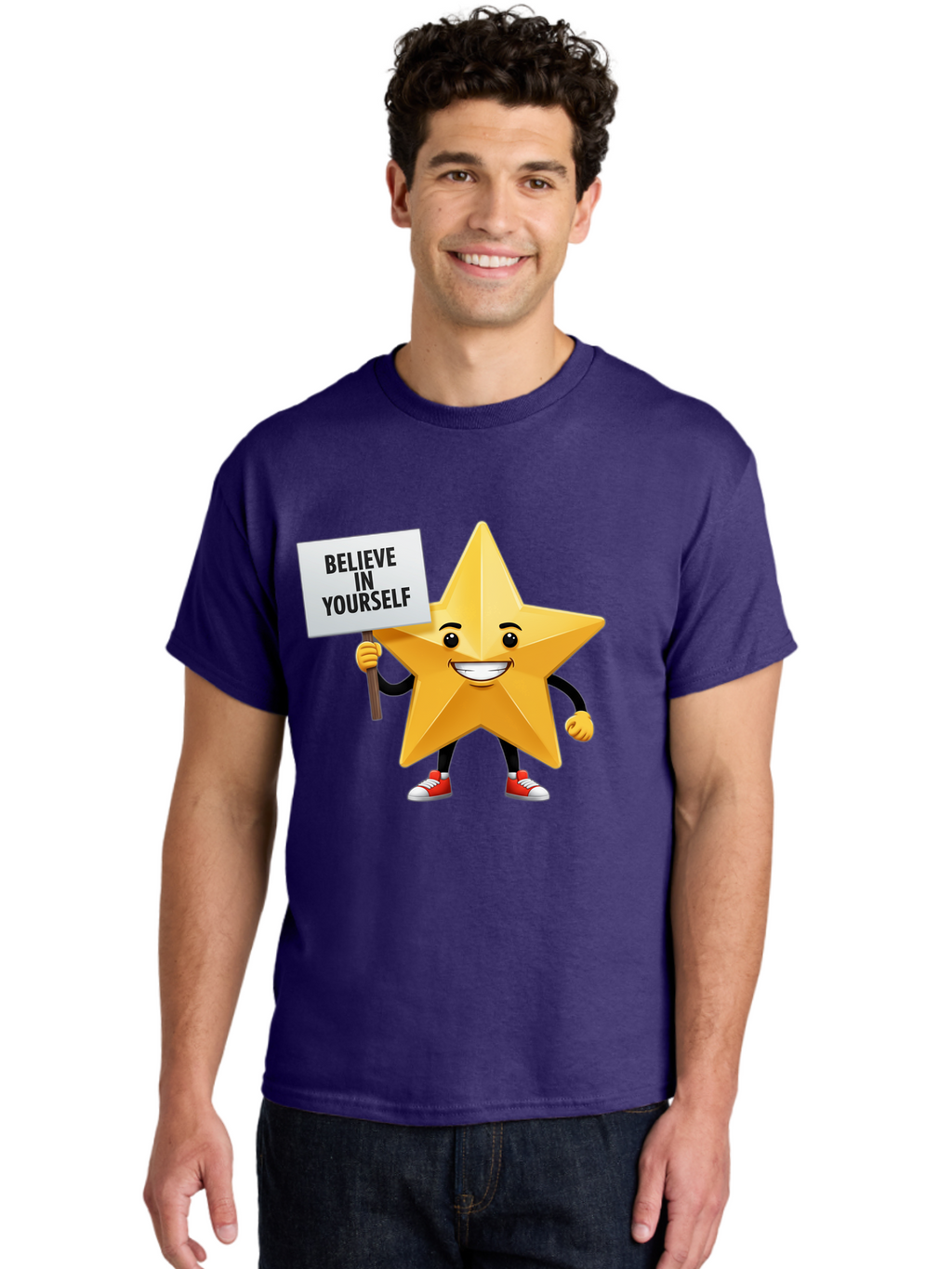 Believe-In-Yourself-6 Men'S Graphic Tee, 100% Cotton, Comfortable Casual Summer Wear, Machine Washable, Motivational Star, Inspirational Quote, Positive Message, Self-Confidence Booster, Cartoon Character, Yellow Star, Red Sneakers, Bae132
