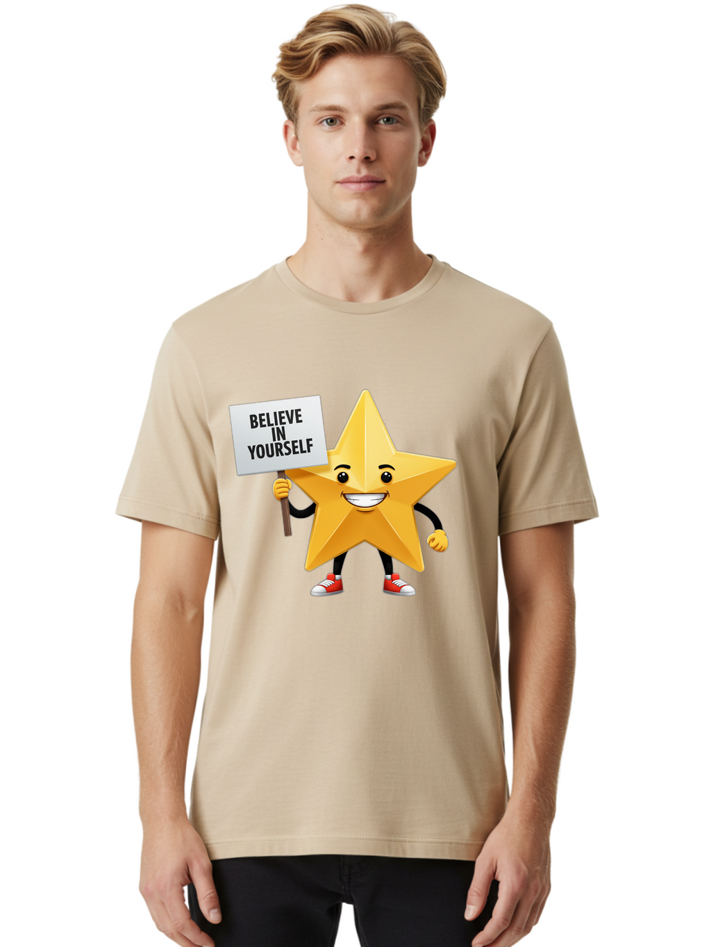 Believe-In-Yourself-6 Men'S Graphic Tee, 100% Cotton, Comfortable Casual Summer Wear, Machine Washable, Motivational Star, Inspirational Quote, Positive Message, Self-Confidence Booster, Cartoon Character, Yellow Star, Red Sneakers, Bae132