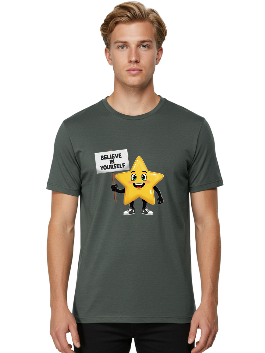 Believe-In-Yourself-7 Men'S Graphic Tee, 100% Cotton, Comfortable Casual Summer Wear, Machine Washable, Motivational Star, Positive Affirmation, Believe In Yourself, Inspirational Quote, Cartoon Character, Yellow Star, Motivational Message, Bae133