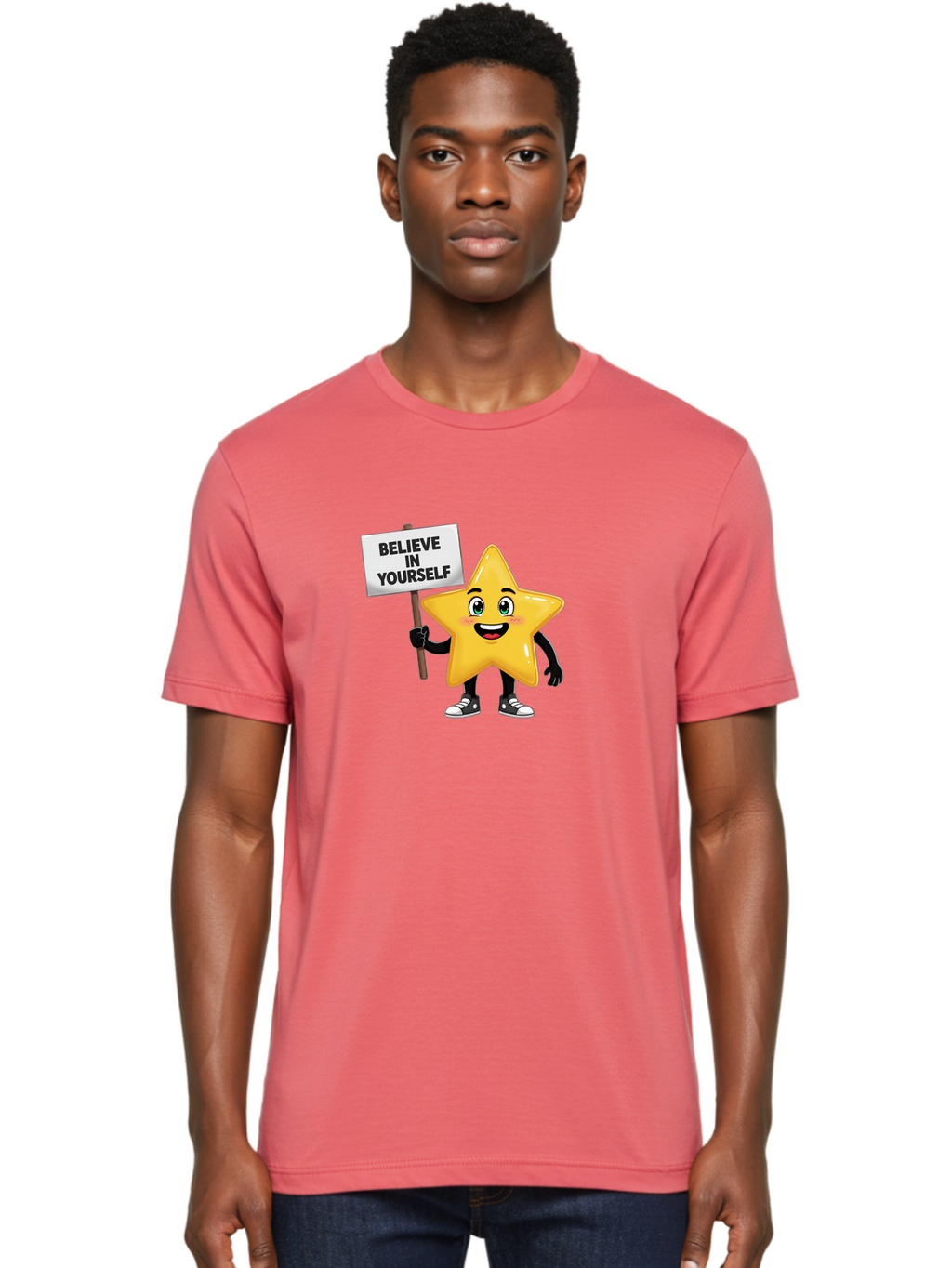 Believe-In-Yourself-7 Men'S Graphic Tee, 100% Cotton, Comfortable Casual Summer Wear, Machine Washable, Motivational Star, Positive Affirmation, Believe In Yourself, Inspirational Quote, Cartoon Character, Yellow Star, Motivational Message, Bae133