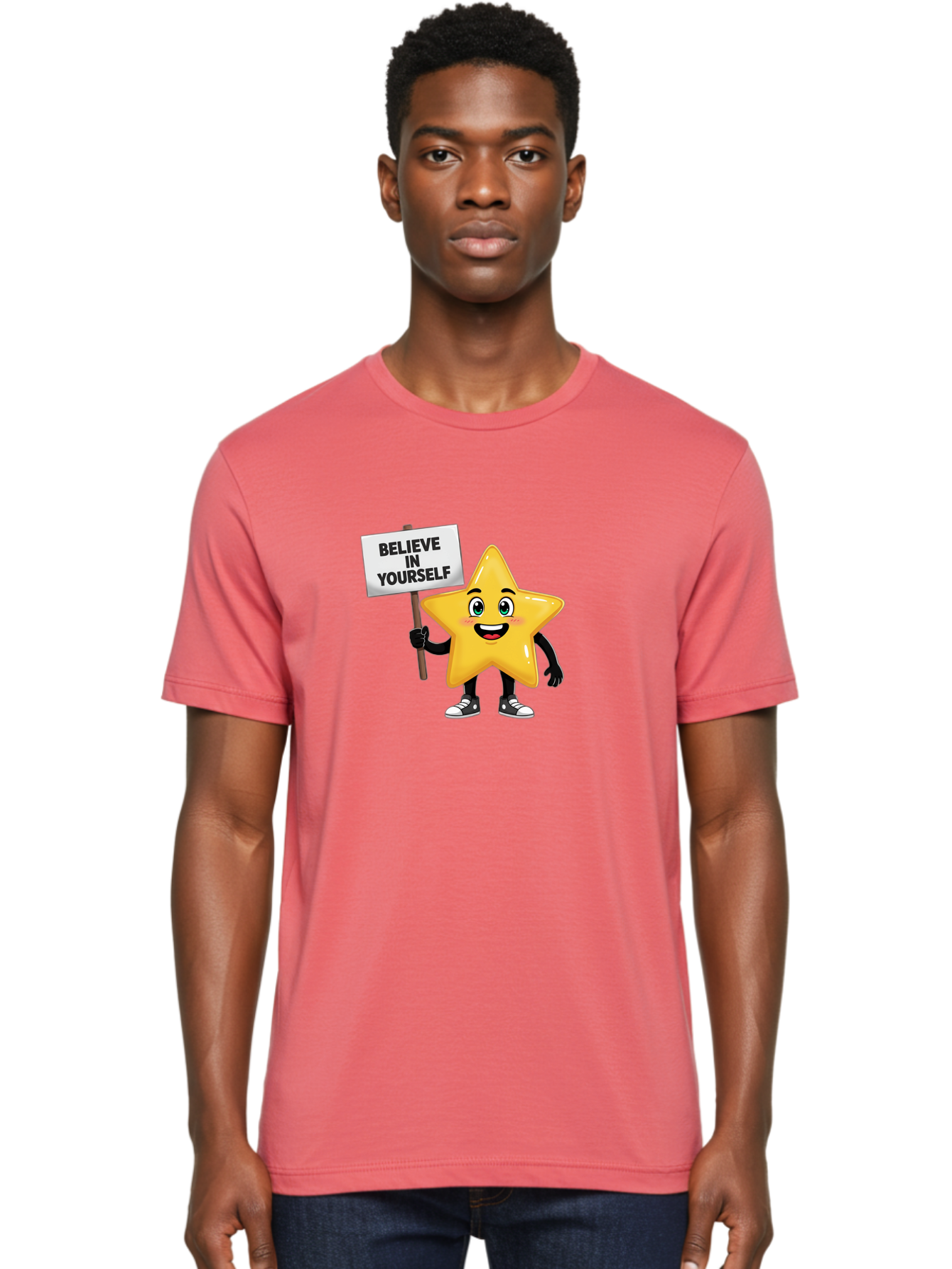 Believe-In-Yourself-7 Men'S Graphic Tee, 100% Cotton, Comfortable Casual Summer Wear, Machine Washable, Motivational Star, Positive Affirmation, Believe In Yourself, Inspirational Quote, Cartoon Character, Yellow Star, Motivational Message, Bae133