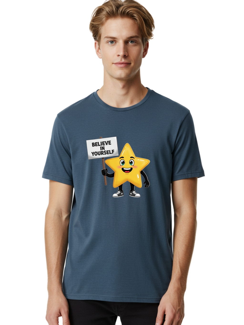 Believe-In-Yourself-7 Men'S Graphic Tee, 100% Cotton, Comfortable Casual Summer Wear, Machine Washable, Motivational Star, Positive Affirmation, Believe In Yourself, Inspirational Quote, Cartoon Character, Yellow Star, Motivational Message, Bae133