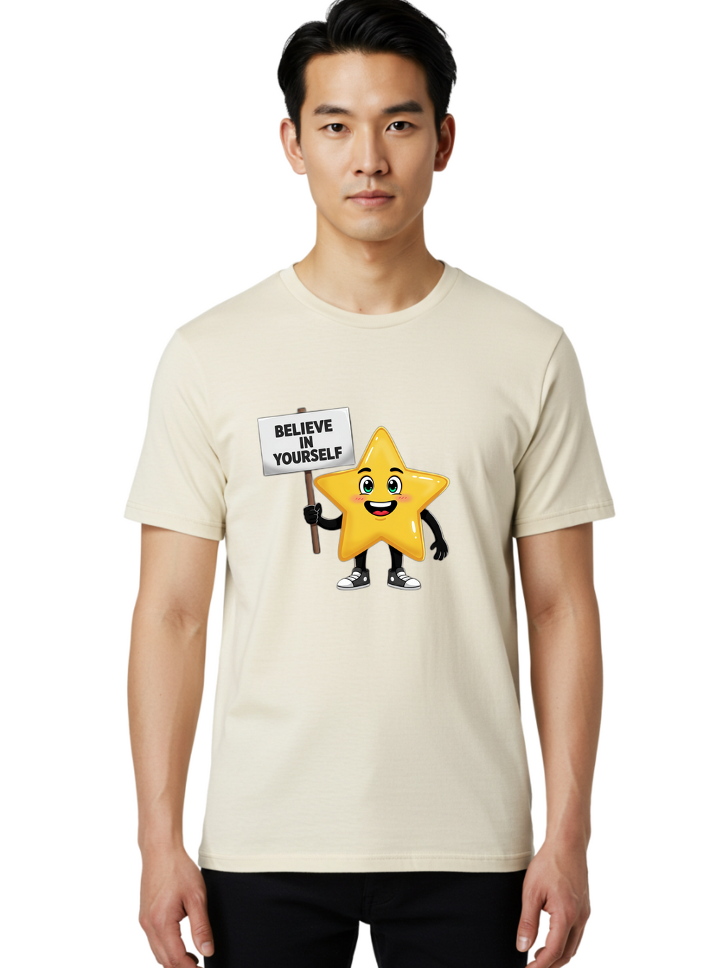 Believe-In-Yourself-7 Men'S Graphic Tee, 100% Cotton, Comfortable Casual Summer Wear, Machine Washable, Motivational Star, Positive Affirmation, Believe In Yourself, Inspirational Quote, Cartoon Character, Yellow Star, Motivational Message, Bae133