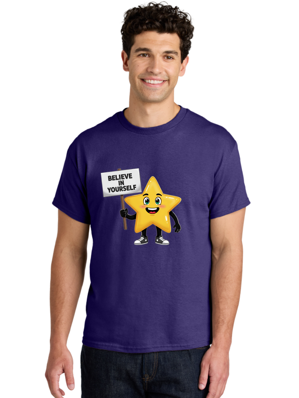 Believe-In-Yourself-7 Men'S Graphic Tee, 100% Cotton, Comfortable Casual Summer Wear, Machine Washable, Motivational Star, Positive Affirmation, Believe In Yourself, Inspirational Quote, Cartoon Character, Yellow Star, Motivational Message, Bae133