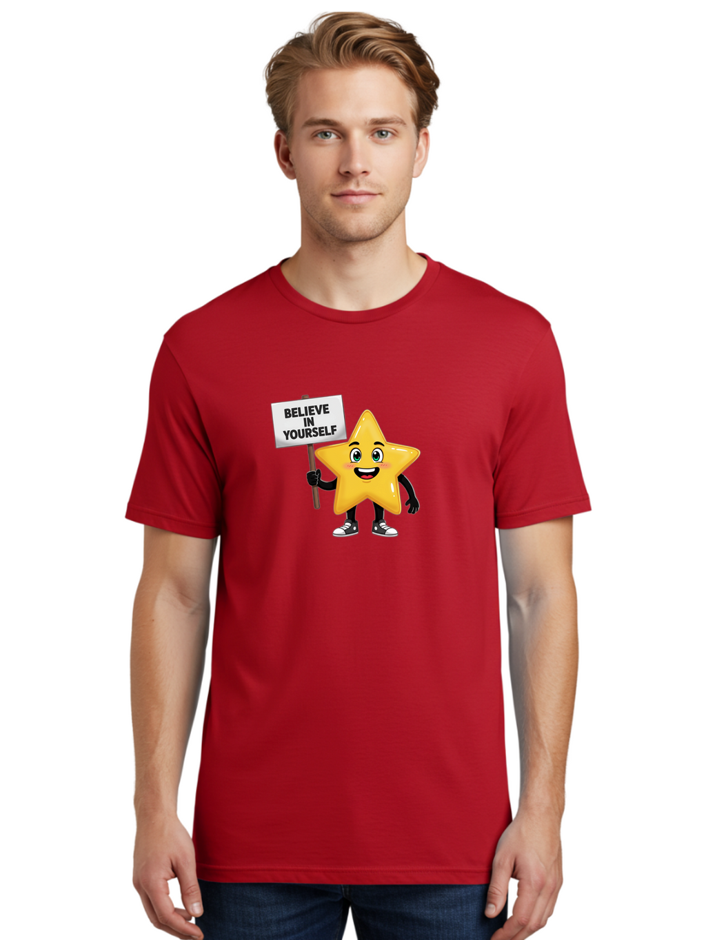 Believe-In-Yourself-7 Men'S Graphic Tee, 100% Cotton, Comfortable Casual Summer Wear, Machine Washable, Motivational Star, Positive Affirmation, Believe In Yourself, Inspirational Quote, Cartoon Character, Yellow Star, Motivational Message, Bae133