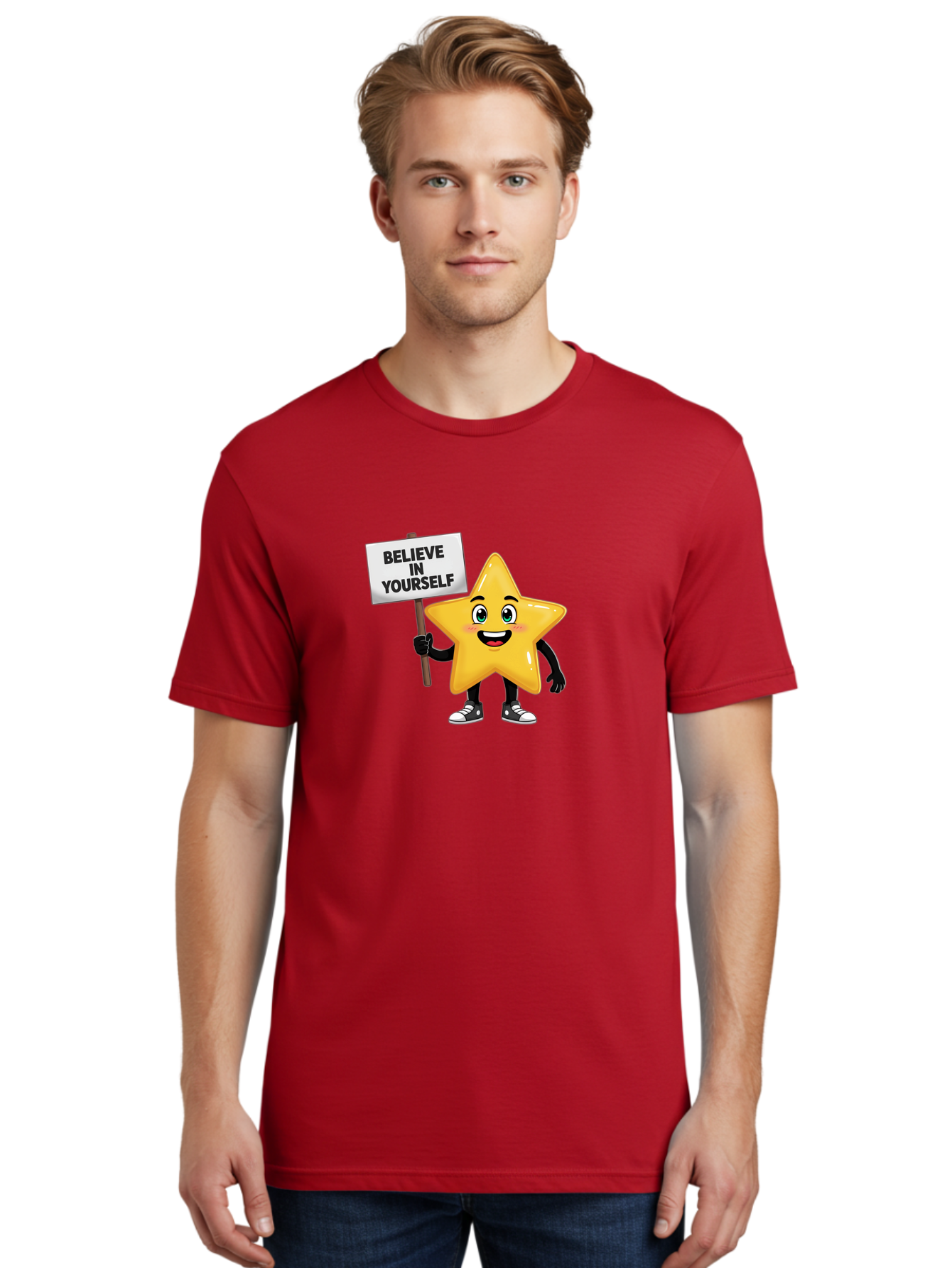 Believe-In-Yourself-7 Men'S Graphic Tee, 100% Cotton, Comfortable Casual Summer Wear, Machine Washable, Motivational Star, Positive Affirmation, Believe In Yourself, Inspirational Quote, Cartoon Character, Yellow Star, Motivational Message, Bae133