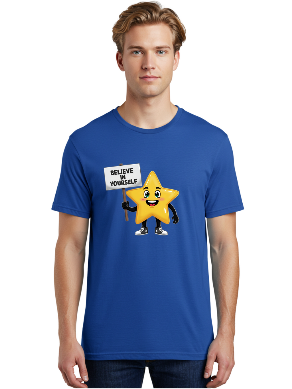 Believe-In-Yourself-7 Men'S Graphic Tee, 100% Cotton, Comfortable Casual Summer Wear, Machine Washable, Motivational Star, Positive Affirmation, Believe In Yourself, Inspirational Quote, Cartoon Character, Yellow Star, Motivational Message, Bae133