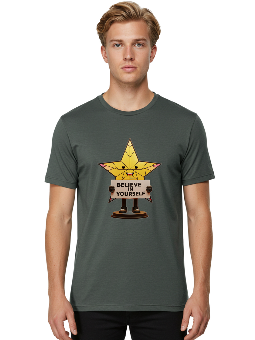 Believe-In-Yourself-8 Men'S Graphic Tee, 100% Cotton, Comfortable Casual Summer Wear, Machine Washable, Motivational Star, Inspirational Quote, Self-Belief, Positive Vibes, Cartoon Character, Yellow Star, Uplifting Message, Encouragement, Bae134