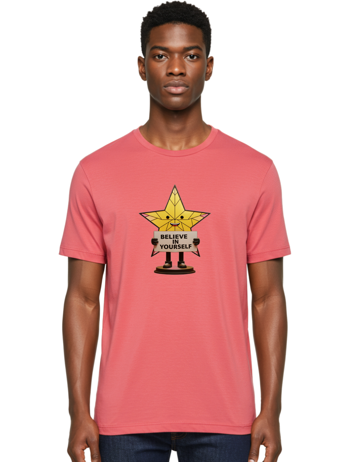 Believe-In-Yourself-8 Men'S Graphic Tee, 100% Cotton, Comfortable Casual Summer Wear, Machine Washable, Motivational Star, Inspirational Quote, Self-Belief, Positive Vibes, Cartoon Character, Yellow Star, Uplifting Message, Encouragement, Bae134