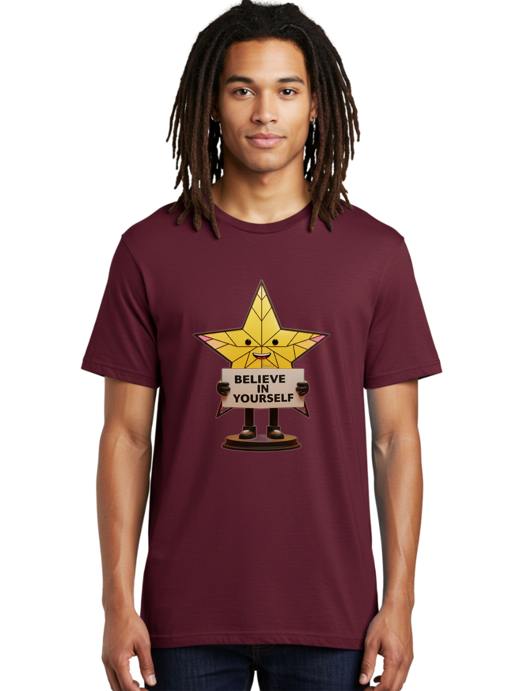 Believe-In-Yourself-8 Men'S Graphic Tee, 100% Cotton, Comfortable Casual Summer Wear, Machine Washable, Motivational Star, Inspirational Quote, Self-Belief, Positive Vibes, Cartoon Character, Yellow Star, Uplifting Message, Encouragement, Bae134