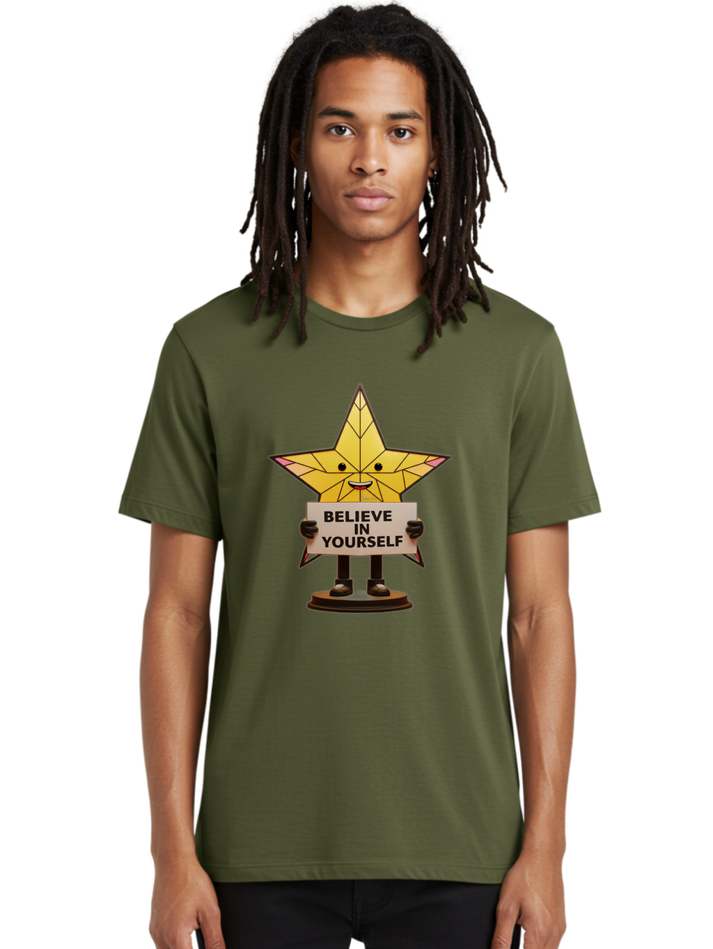 Believe-In-Yourself-8 Men'S Graphic Tee, 100% Cotton, Comfortable Casual Summer Wear, Machine Washable, Motivational Star, Inspirational Quote, Self-Belief, Positive Vibes, Cartoon Character, Yellow Star, Uplifting Message, Encouragement, Bae134