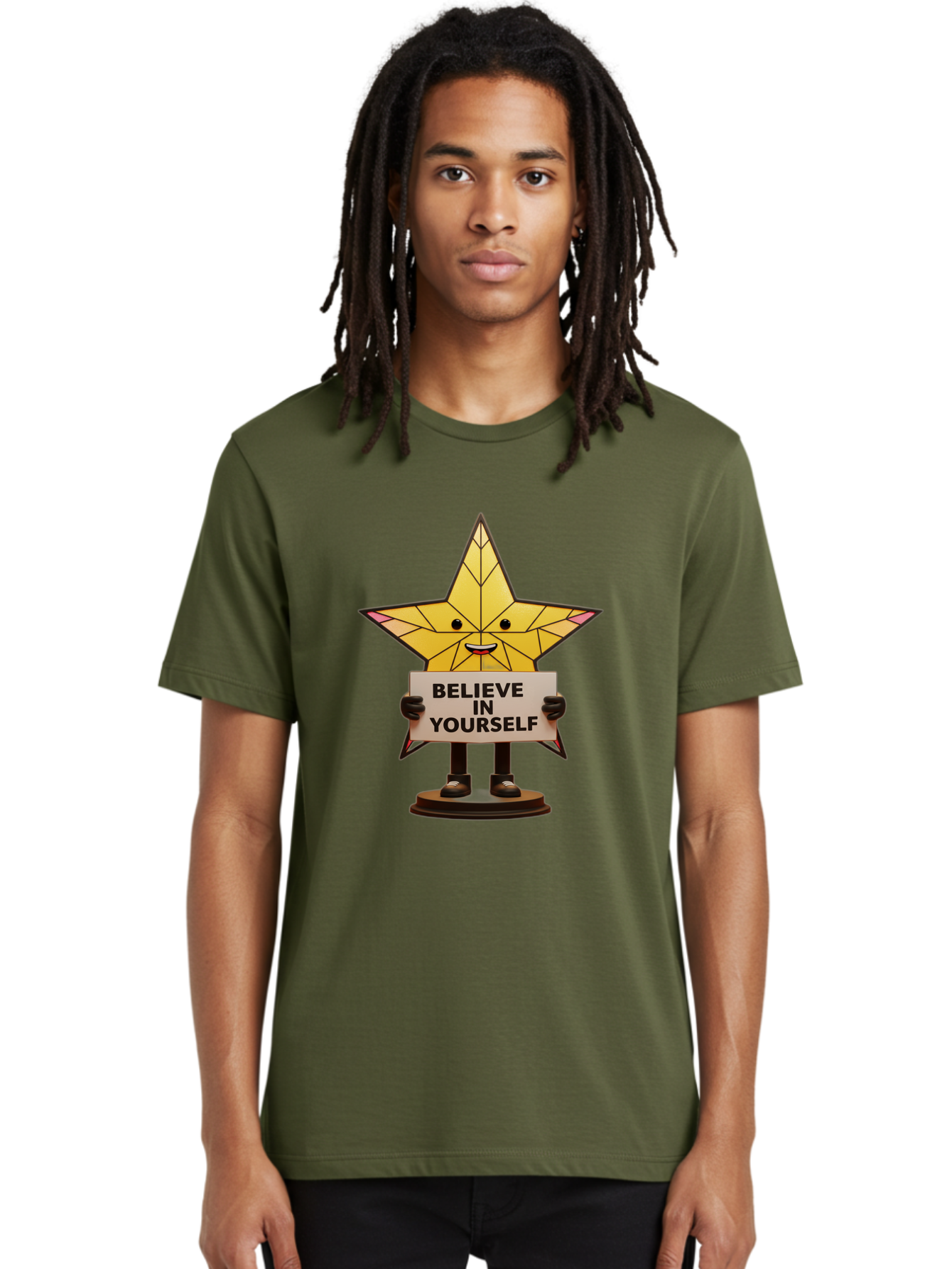Believe-In-Yourself-8 Men'S Graphic Tee, 100% Cotton, Comfortable Casual Summer Wear, Machine Washable, Motivational Star, Inspirational Quote, Self-Belief, Positive Vibes, Cartoon Character, Yellow Star, Uplifting Message, Encouragement, Bae134