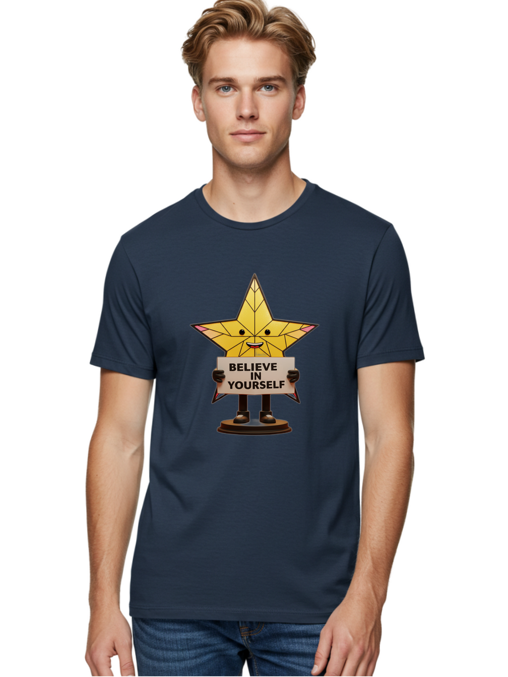 Believe-In-Yourself-8 Men'S Graphic Tee, 100% Cotton, Comfortable Casual Summer Wear, Machine Washable, Motivational Star, Inspirational Quote, Self-Belief, Positive Vibes, Cartoon Character, Yellow Star, Uplifting Message, Encouragement, Bae134