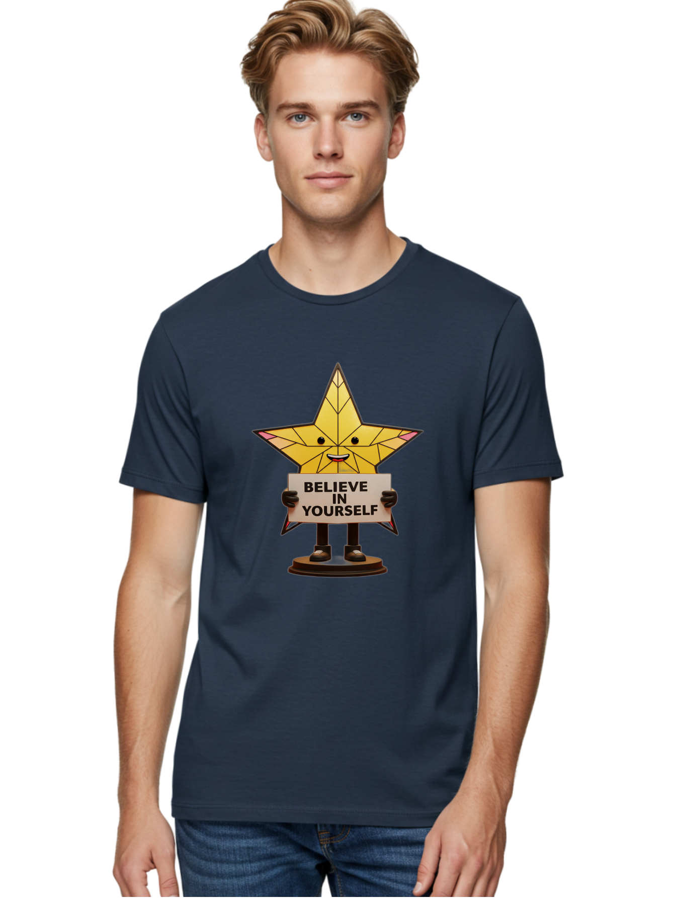 Believe-In-Yourself-8 Men'S Graphic Tee, 100% Cotton, Comfortable Casual Summer Wear, Machine Washable, Motivational Star, Inspirational Quote, Self-Belief, Positive Vibes, Cartoon Character, Yellow Star, Uplifting Message, Encouragement, Bae134