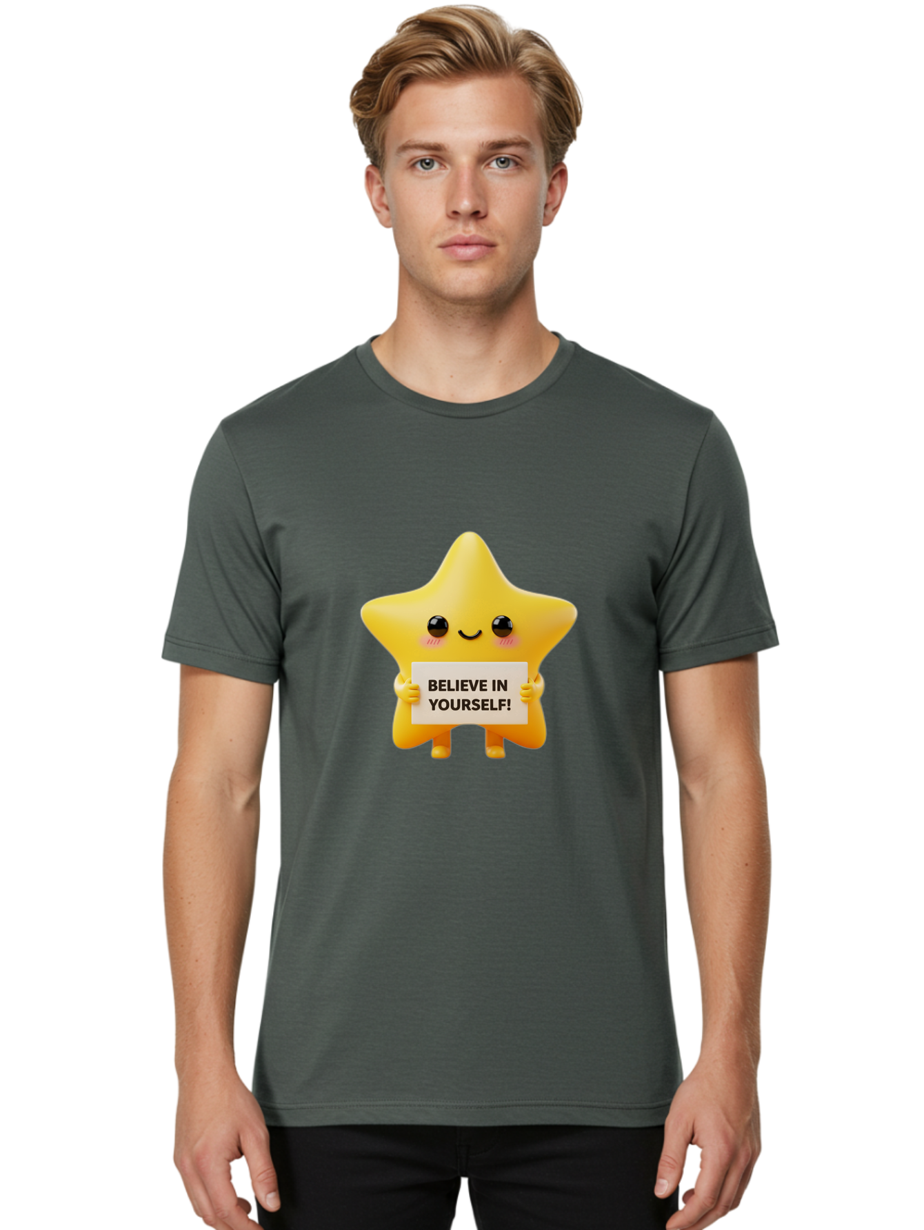 Believe-In-Yourself Men'S Graphic Tee, 100% Cotton, Comfortable Casual Summer Wear, Machine Washable, Cute Star Character, Positive Message, Motivational Quote, Believe In Yourself, Inspirational Graphic, Self-Confidence, Encouragement Bae136