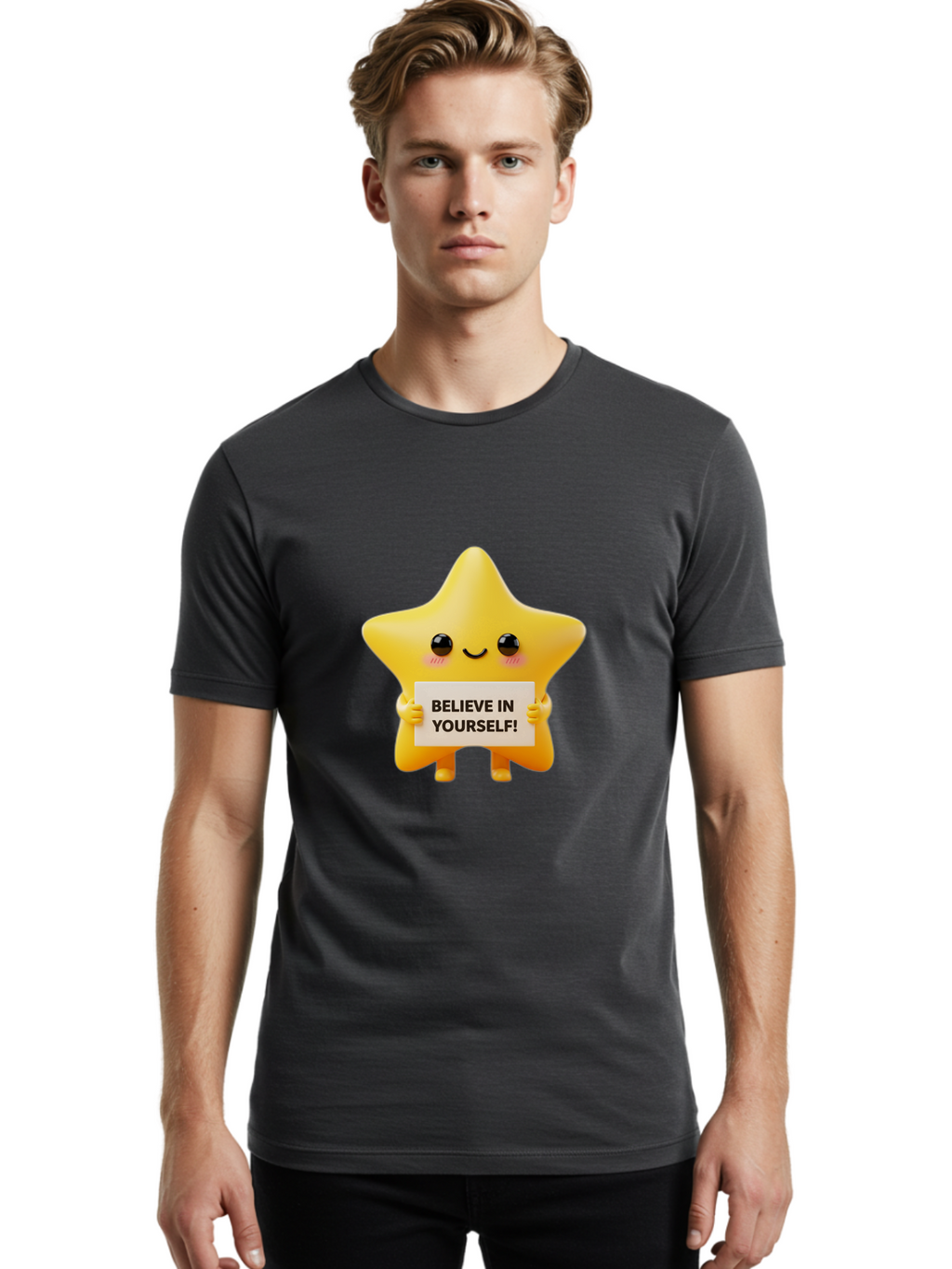 Believe-In-Yourself Men'S Graphic Tee, 100% Cotton, Comfortable Casual Summer Wear, Machine Washable, Cute Star Character, Positive Message, Motivational Quote, Believe In Yourself, Inspirational Graphic, Self-Confidence, Encouragement Bae136
