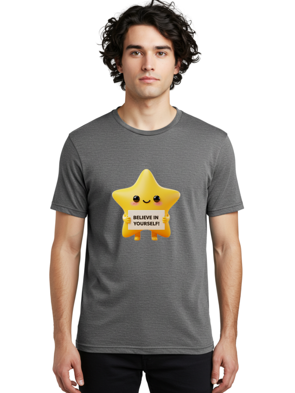 Believe-In-Yourself Men'S Graphic Tee, 100% Cotton, Comfortable Casual Summer Wear, Machine Washable, Cute Star Character, Positive Message, Motivational Quote, Believe In Yourself, Inspirational Graphic, Self-Confidence, Encouragement Bae136