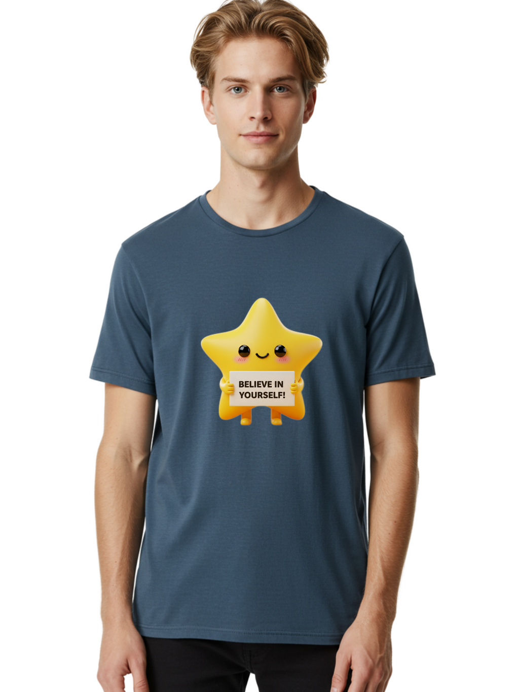 Believe-In-Yourself Men'S Graphic Tee, 100% Cotton, Comfortable Casual Summer Wear, Machine Washable, Cute Star Character, Positive Message, Motivational Quote, Believe In Yourself, Inspirational Graphic, Self-Confidence, Encouragement Bae136