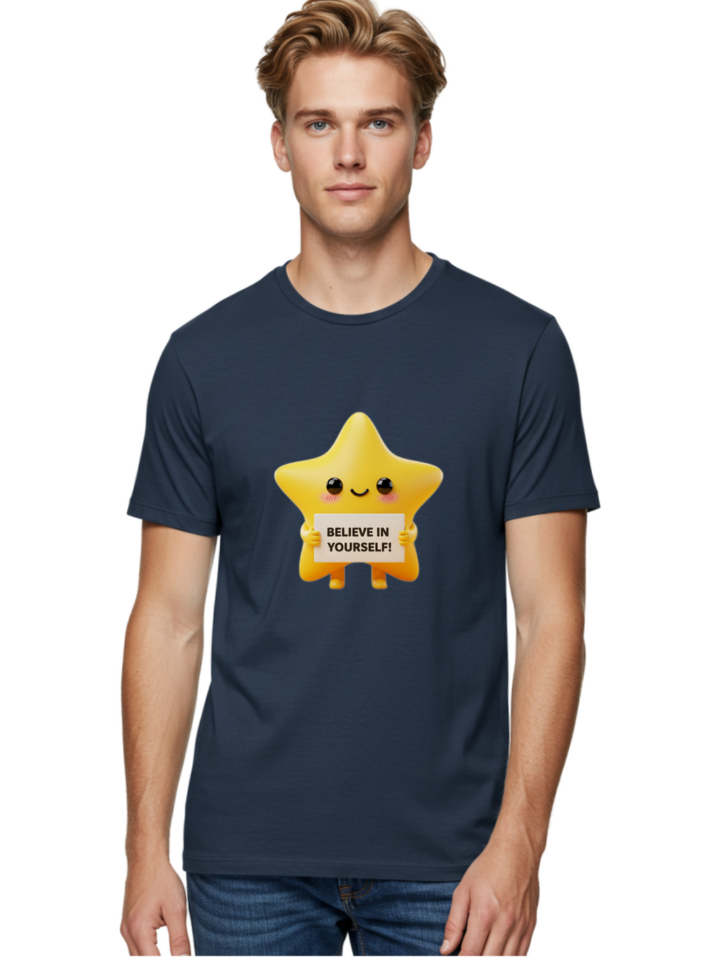 Believe-In-Yourself Men'S Graphic Tee, 100% Cotton, Comfortable Casual Summer Wear, Machine Washable, Cute Star Character, Positive Message, Motivational Quote, Believe In Yourself, Inspirational Graphic, Self-Confidence, Encouragement Bae136
