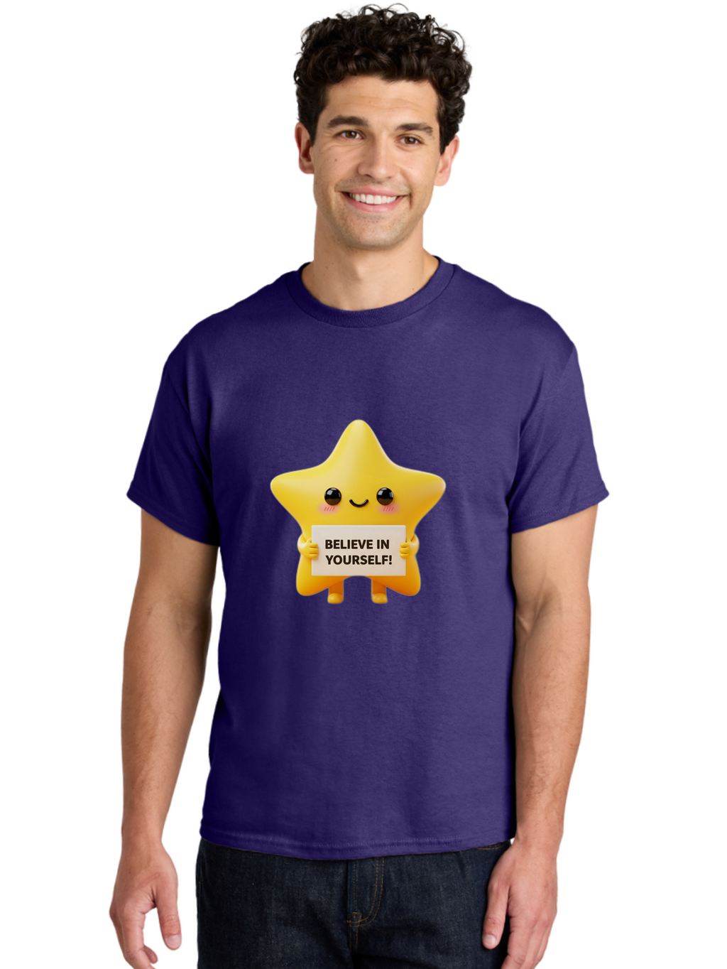 Believe-In-Yourself Men'S Graphic Tee, 100% Cotton, Comfortable Casual Summer Wear, Machine Washable, Cute Star Character, Positive Message, Motivational Quote, Believe In Yourself, Inspirational Graphic, Self-Confidence, Encouragement Bae136