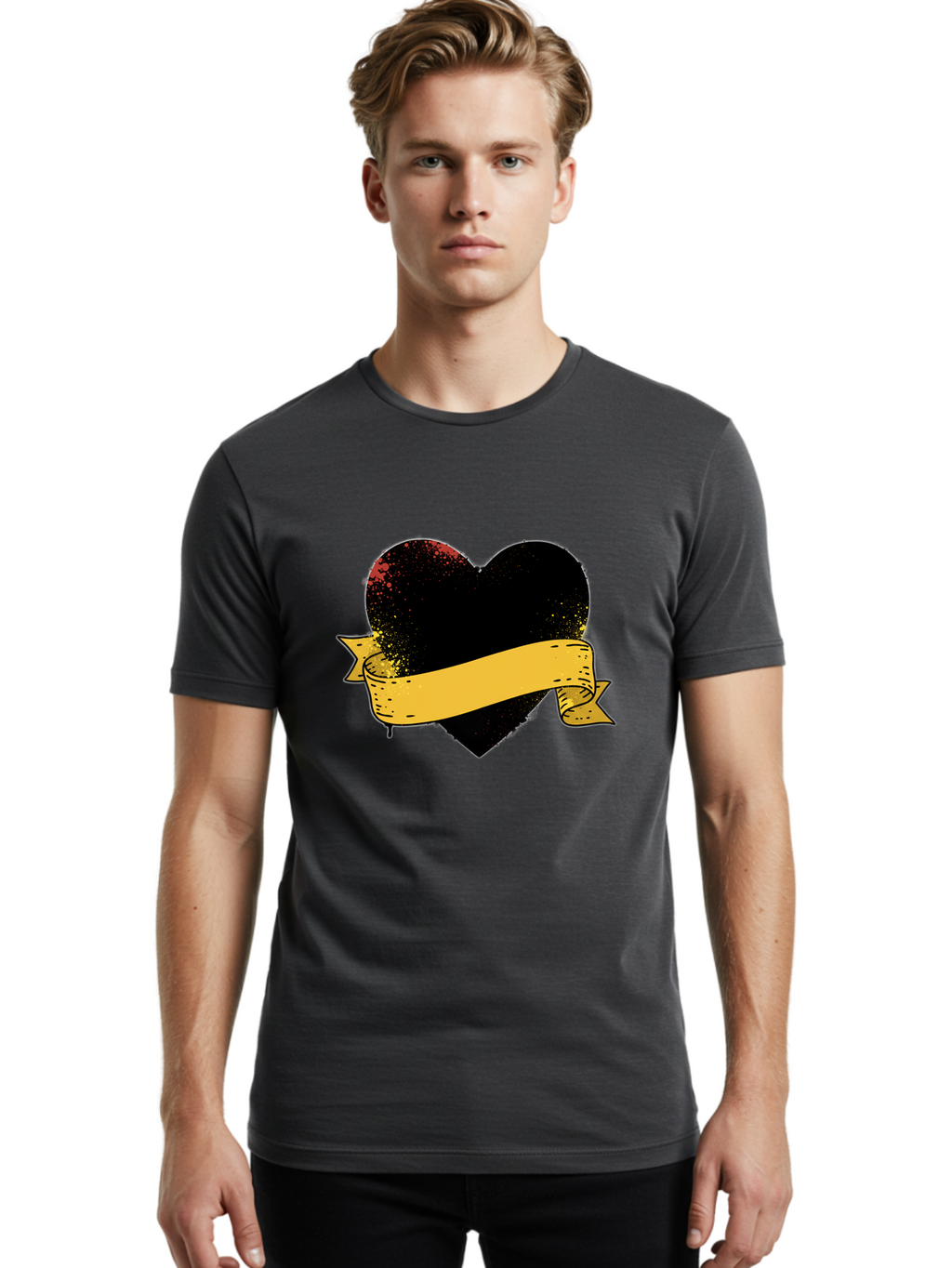 Black-Heart-With-Ribbon-Banner Men'S Graphic Tee, 100% Cotton, Comfortable Casual Summer Wear, Machine Washable, Black Heart, Yellow Ribbon, Grunge Style, Distressed Texture, Grungy Aesthetic, Vintage Design, Bold Graphics, Symbolic Heart, Bae137