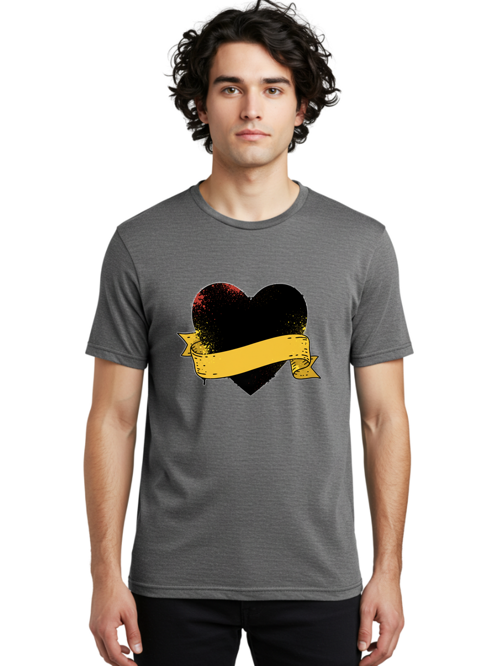 Black-Heart-With-Ribbon-Banner Men'S Graphic Tee, 100% Cotton, Comfortable Casual Summer Wear, Machine Washable, Black Heart, Yellow Ribbon, Grunge Style, Distressed Texture, Grungy Aesthetic, Vintage Design, Bold Graphics, Symbolic Heart, Bae137