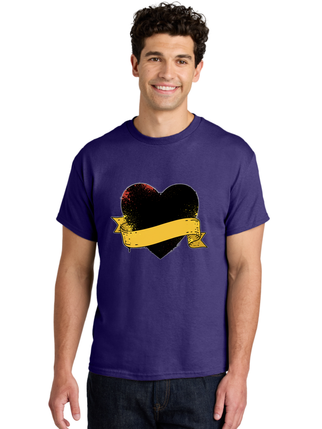 Black-Heart-With-Ribbon-Banner Men'S Graphic Tee, 100% Cotton, Comfortable Casual Summer Wear, Machine Washable, Black Heart, Yellow Ribbon, Grunge Style, Distressed Texture, Grungy Aesthetic, Vintage Design, Bold Graphics, Symbolic Heart, Bae137