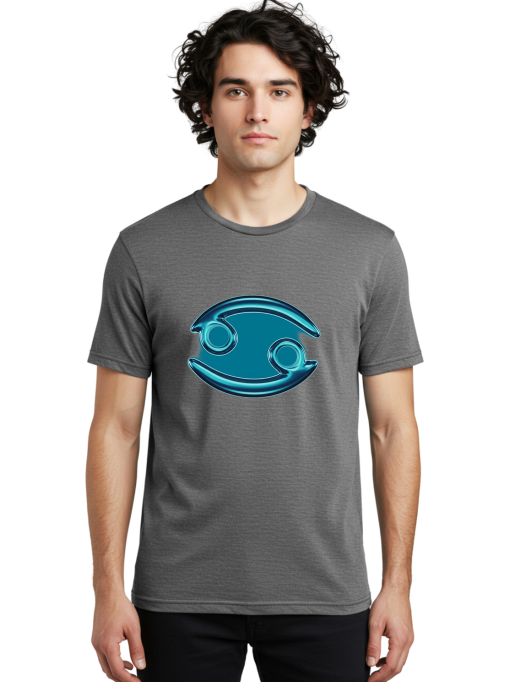 Blue-Pacman Men'S Graphic Tee, 100% Cotton, Comfortable Casual Summer Wear, Machine Washable, Blue Metallic Fish Logo, Stylized Fish Emblem, Abstract Fish Design, Chrome Effect, Modern Logo Style, Ocean Icon, Futuristic Symbol Bae138