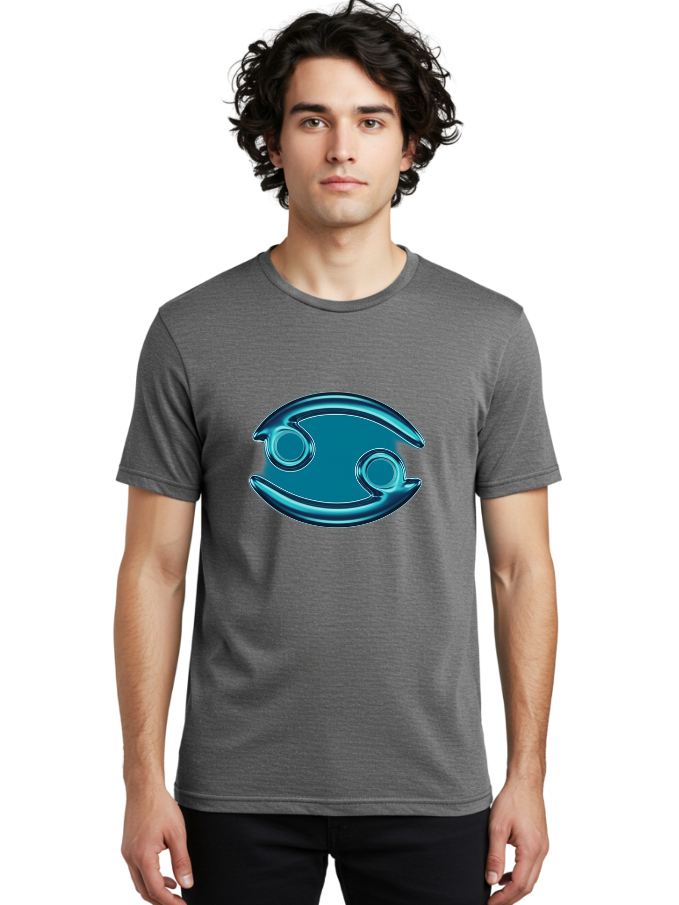 Blue-Pacman Men'S Graphic Tee, 100% Cotton, Comfortable Casual Summer Wear, Machine Washable, Blue Metallic Fish Logo, Stylized Fish Emblem, Abstract Fish Design, Chrome Effect, Modern Logo Style, Ocean Icon, Futuristic Symbol Bae138