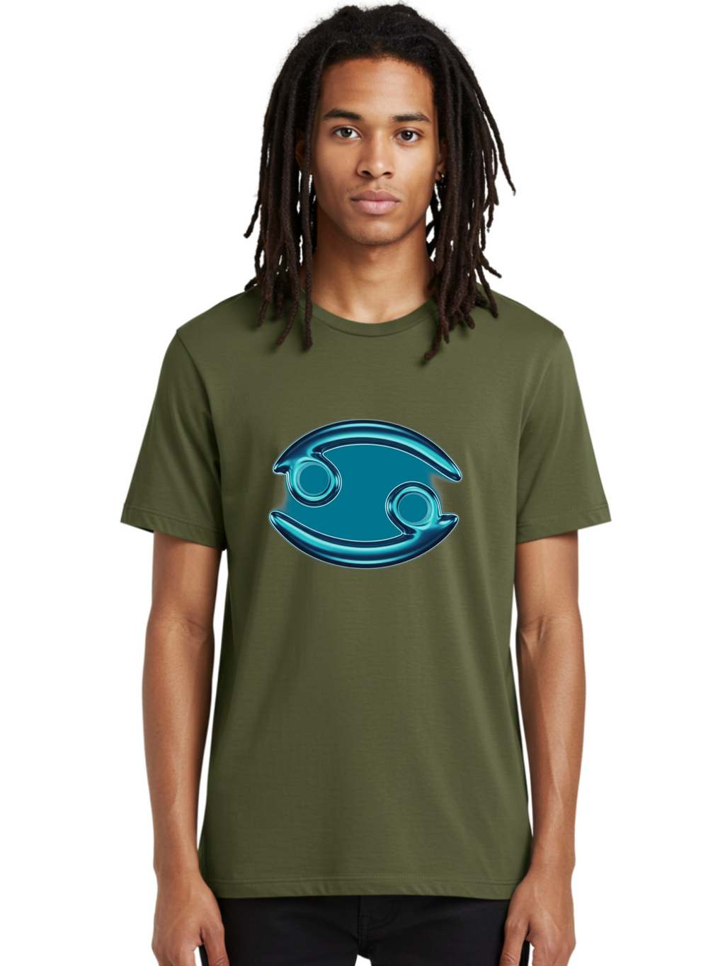 Blue-Pacman Men'S Graphic Tee, 100% Cotton, Comfortable Casual Summer Wear, Machine Washable, Blue Metallic Fish Logo, Stylized Fish Emblem, Abstract Fish Design, Chrome Effect, Modern Logo Style, Ocean Icon, Futuristic Symbol Bae138