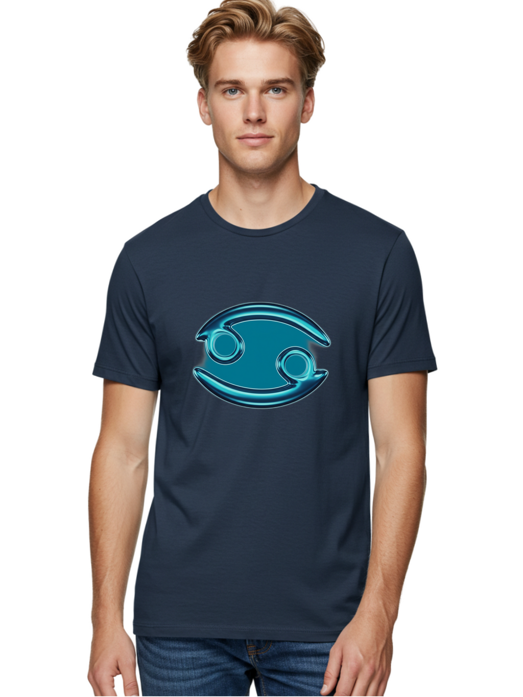 Blue-Pacman Men'S Graphic Tee, 100% Cotton, Comfortable Casual Summer Wear, Machine Washable, Blue Metallic Fish Logo, Stylized Fish Emblem, Abstract Fish Design, Chrome Effect, Modern Logo Style, Ocean Icon, Futuristic Symbol Bae138