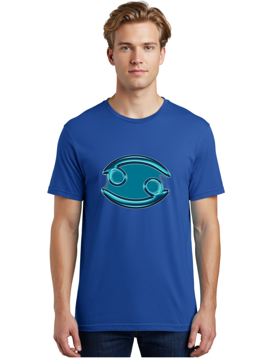 Blue-Pacman Men'S Graphic Tee, 100% Cotton, Comfortable Casual Summer Wear, Machine Washable, Blue Metallic Fish Logo, Stylized Fish Emblem, Abstract Fish Design, Chrome Effect, Modern Logo Style, Ocean Icon, Futuristic Symbol Bae138