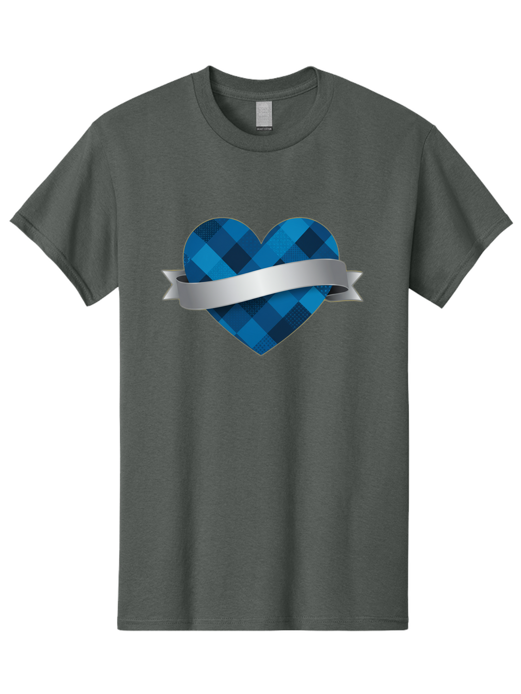 Blue-Plaid-Heart Men'S Graphic Tee, 100% Cotton, Comfortable Casual Summer Wear, Machine Washable, Blue Plaid Heart, Silver Ribbon, Love Symbol, Heart Shape, Textured Pattern, Checkered Design, Elegant Graphics, Symbolic Heart Bae139