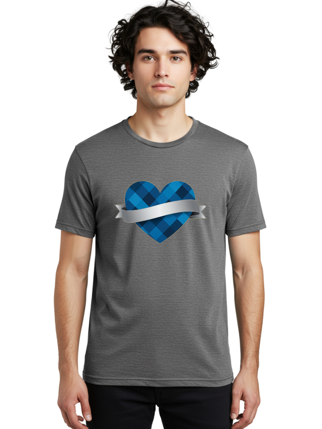 Blue-Plaid-Heart Men'S Graphic Tee, 100% Cotton, Comfortable Casual Summer Wear, Machine Washable, Blue Plaid Heart, Silver Ribbon, Love Symbol, Heart Shape, Textured Pattern, Checkered Design, Elegant Graphics, Symbolic Heart Bae139