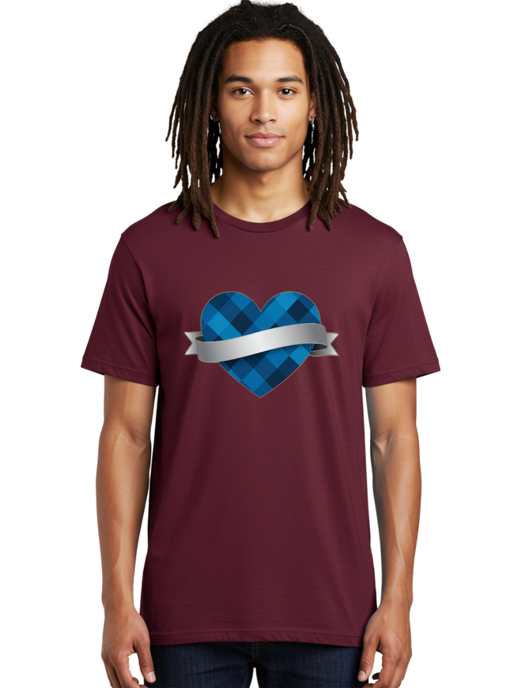 Blue-Plaid-Heart Men'S Graphic Tee, 100% Cotton, Comfortable Casual Summer Wear, Machine Washable, Blue Plaid Heart, Silver Ribbon, Love Symbol, Heart Shape, Textured Pattern, Checkered Design, Elegant Graphics, Symbolic Heart Bae139